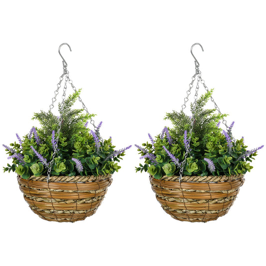Outsunny Pack of 2 Faux Plant Artificial Lisianthus Flowers Hanging Planter with Basket for Indoor Outdoor Decoration, Purple