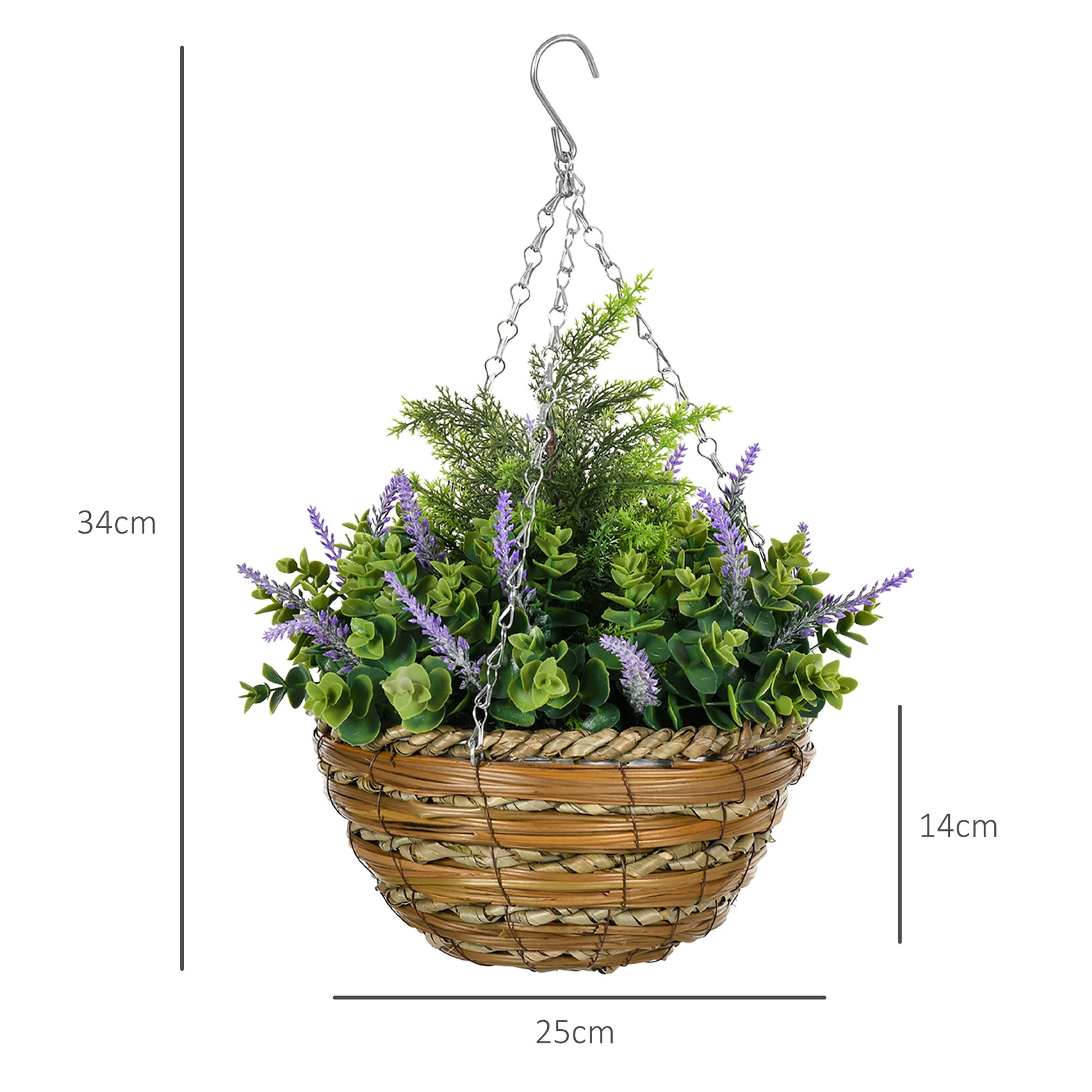 Outsunny Pack of 2 Faux Plant Artificial Lisianthus Flowers Hanging Planter with Basket for Indoor Outdoor Decoration, Purple