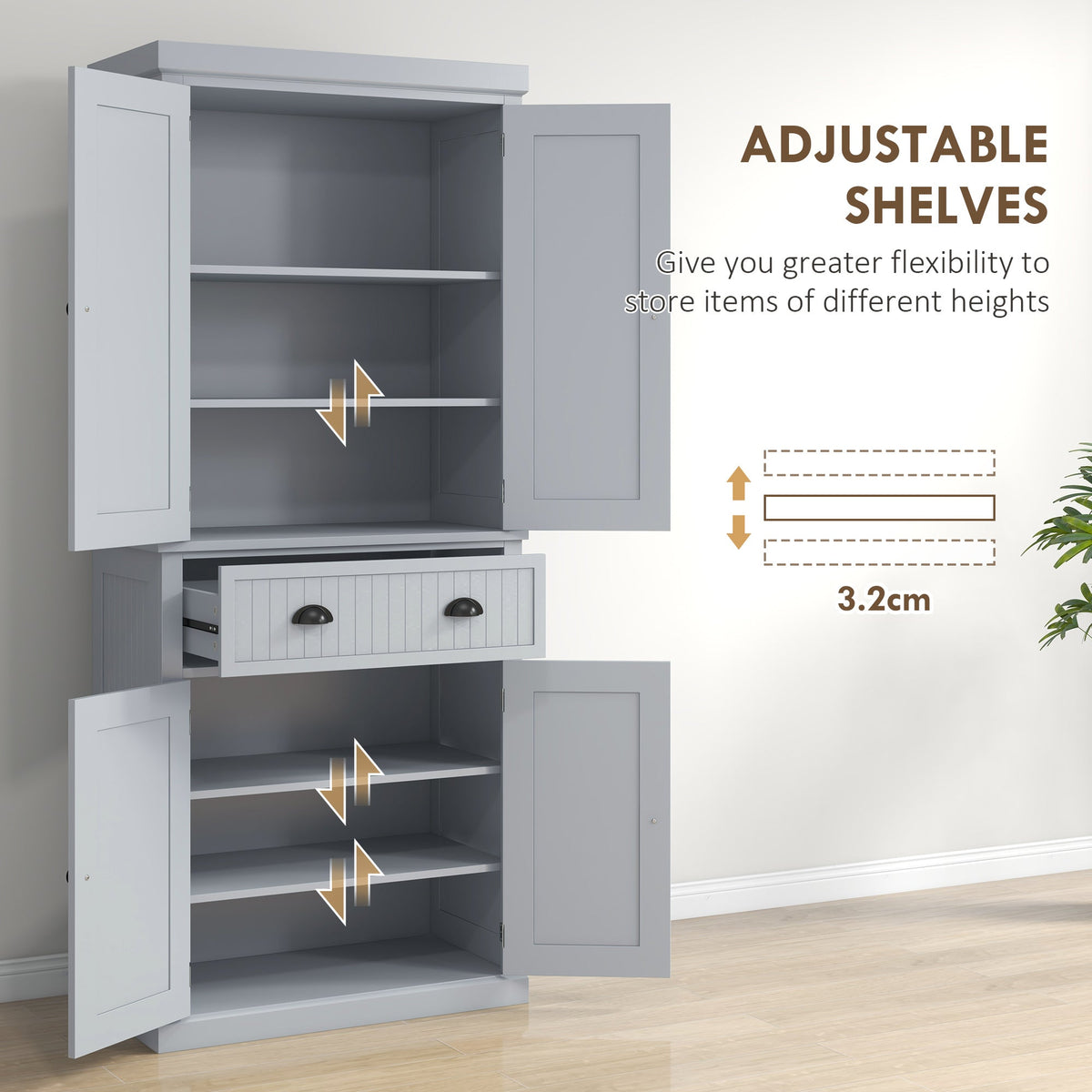 183cm Tall Kitchen Cupboard, Kitchen Pantry Cabinet with Drawer, 3 Adjustable Shelves and 4 Doors, Freestanding Storage Cabinet for Dining Room, Living Room, Grey