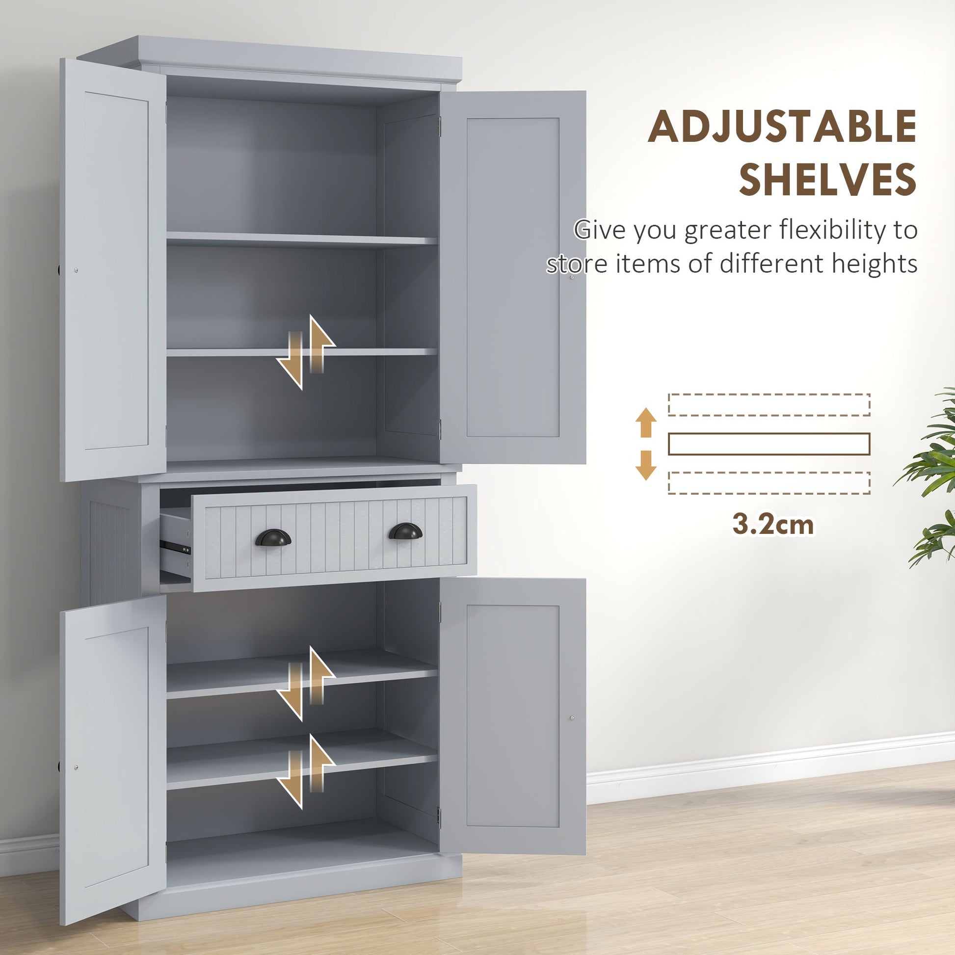 183cm Tall Kitchen Cupboard, Kitchen Pantry Cabinet with Drawer, 3 Adjustable Shelves and 4 Doors, Freestanding Storage Cabinet for Dining Room, Living Room, Grey