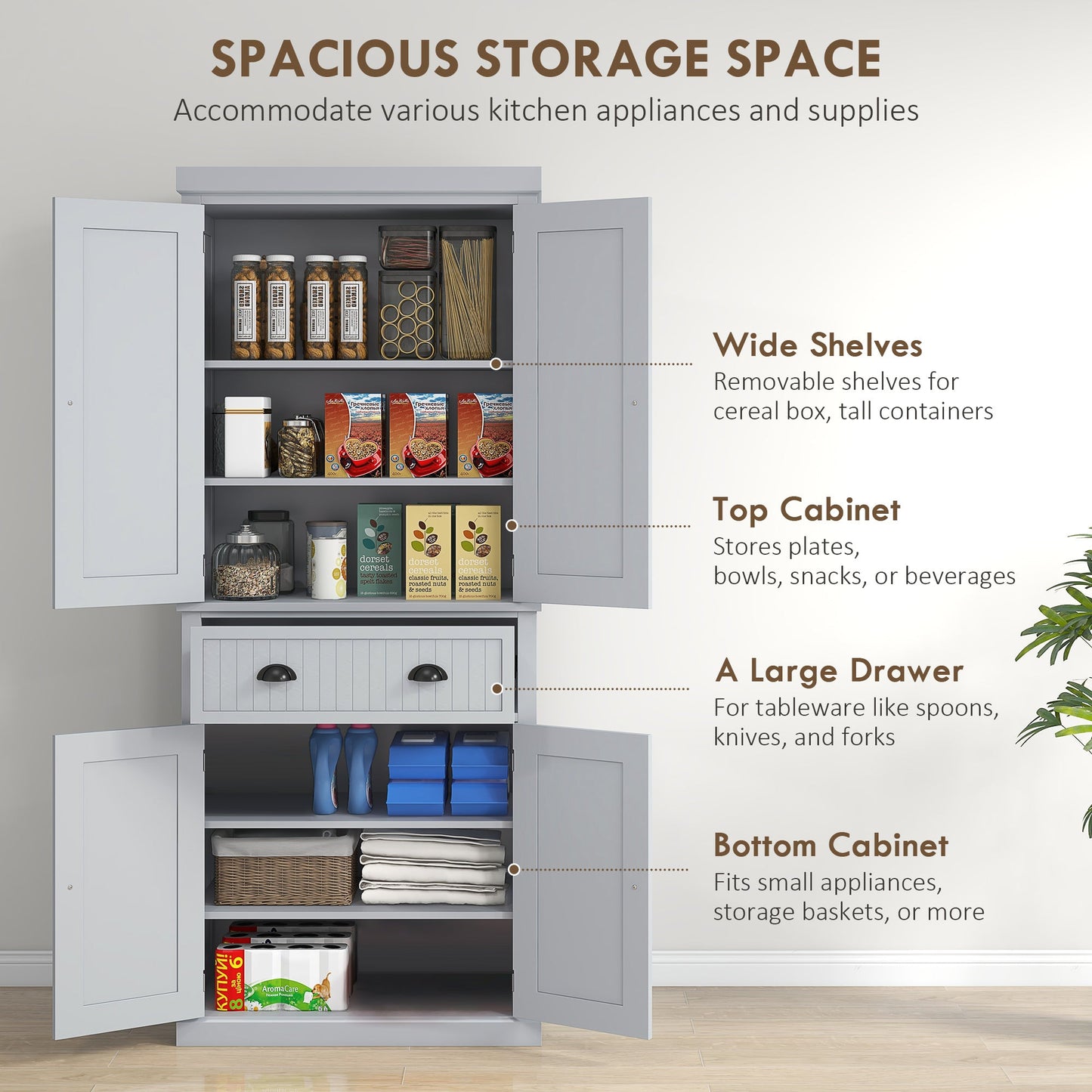 183cm Tall Kitchen Cupboard, Kitchen Pantry Cabinet with Drawer, 3 Adjustable Shelves and 4 Doors, Freestanding Storage Cabinet for Dining Room, Living Room, Grey
