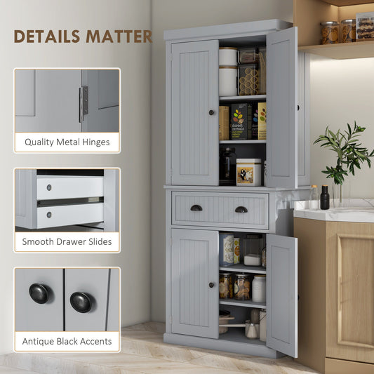 183cm Tall Kitchen Cupboard, Kitchen Pantry Cabinet with Drawer, 3 Adjustable Shelves and 4 Doors, Freestanding Storage Cabinet for Dining Room, Living Room, Grey