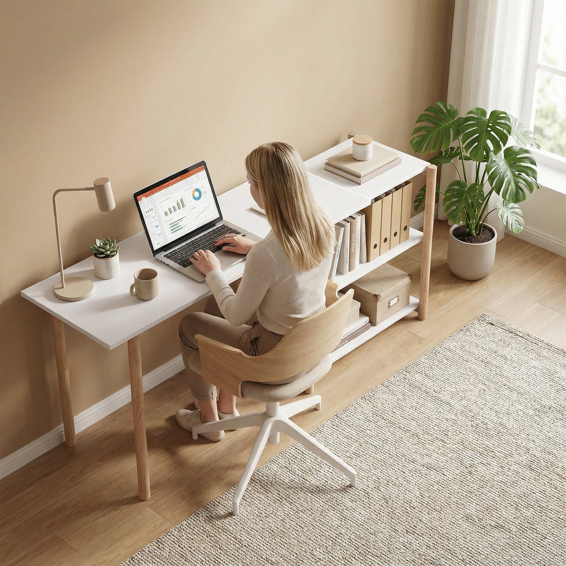 Computer Desk, Modern Writing Desk with Storage Shelves and Bamboo Frame, Easy Assembly Study Table for Home Office, Bedroom, 150 cm, White and Oak
