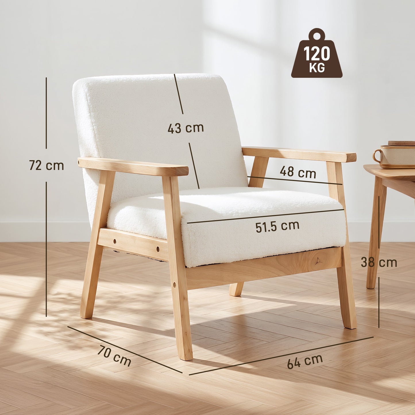 Modern Armchair, Sherpa Fleece Upholstered Accent Chair with Solid Wood Legs and Wide Seat, Padding Lounge Chair for Living Room Bedroom Office, Cream White