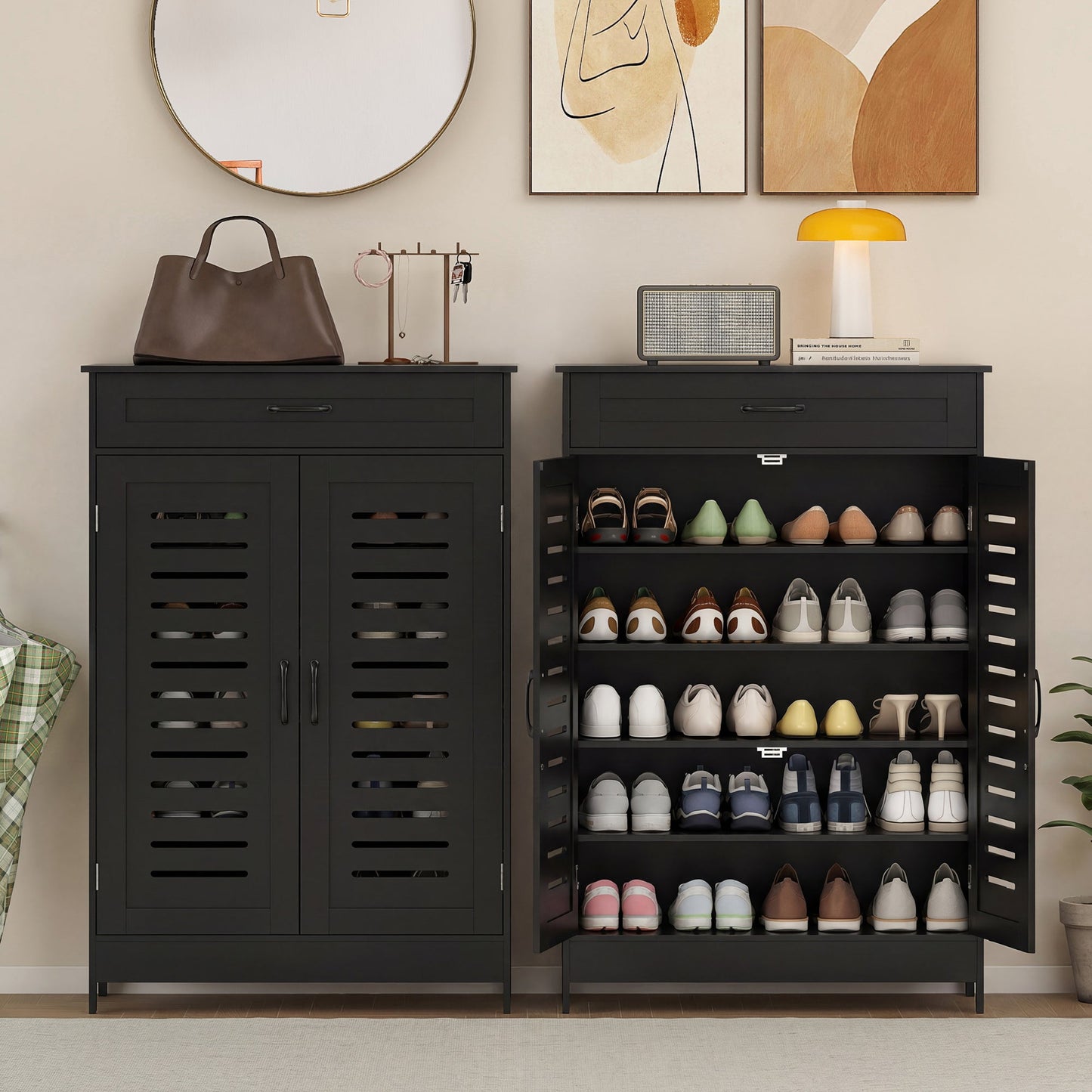 Shoe Cabinet with Louvered Doors, Modern Shoe Storage Cabinet with Drawer and Adjustable Shelves, Holds up to 20 Pairs for Entryway, Hallway, Black