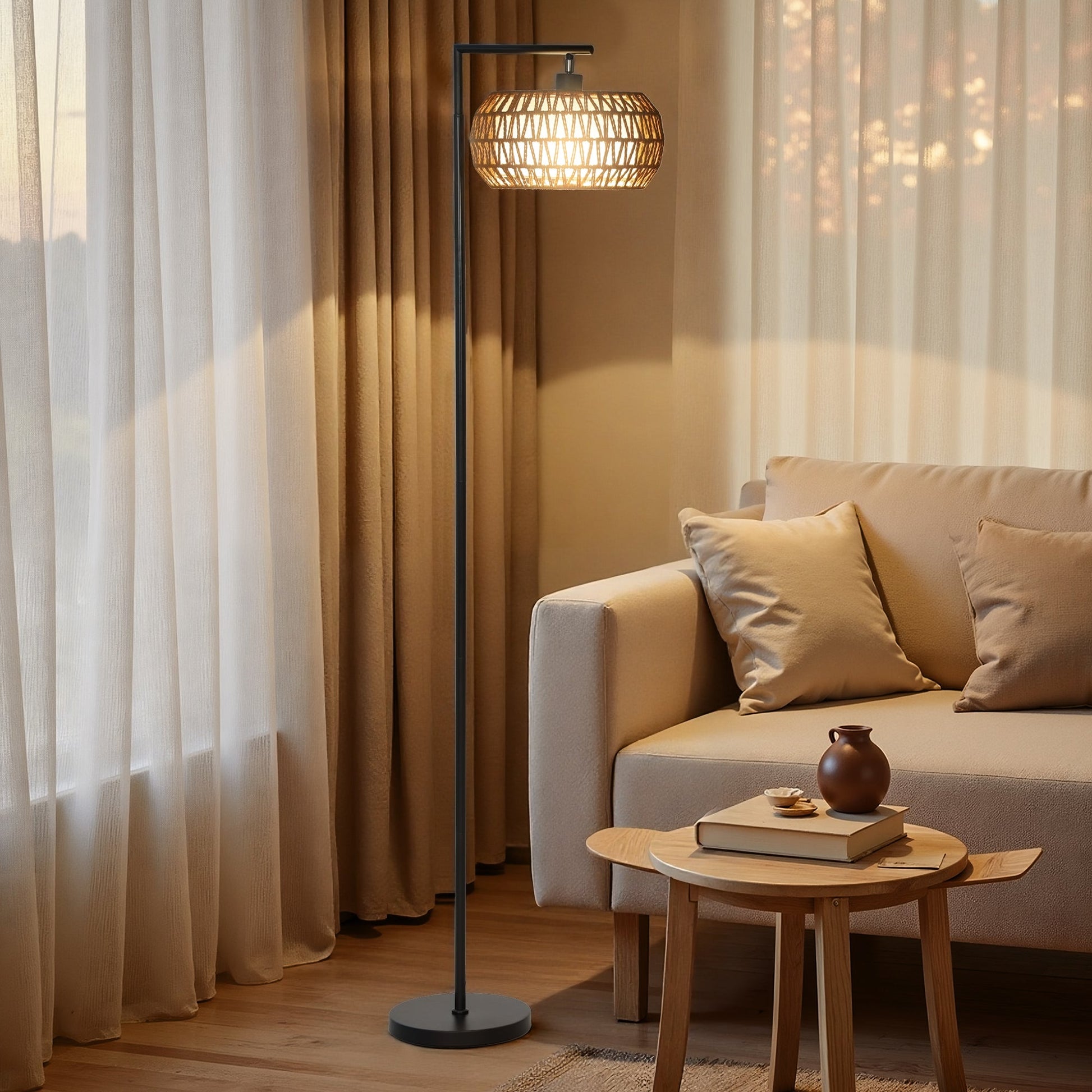 Boho Floor Lamp with Double Shade, Dimmable Standing Lamp with Remote and Foot Switch, 3 Colour Temperatures and Timer for Living Room, Bedroom, Office, Black