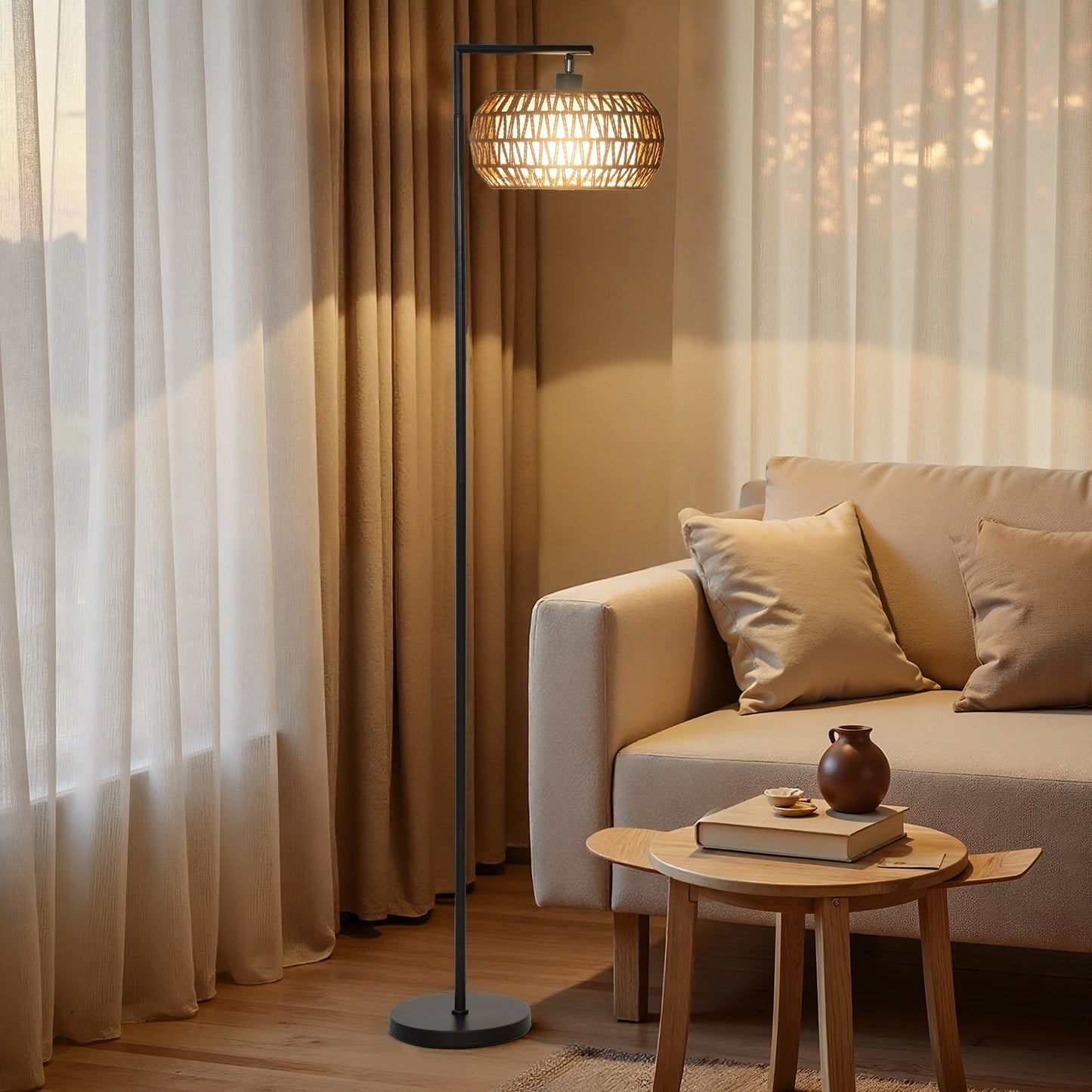 Boho Floor Lamp with Double Shade, Dimmable Standing Lamp with Remote and Foot Switch, 3 Colour Temperatures and Timer for Living Room, Bedroom, Office, Black