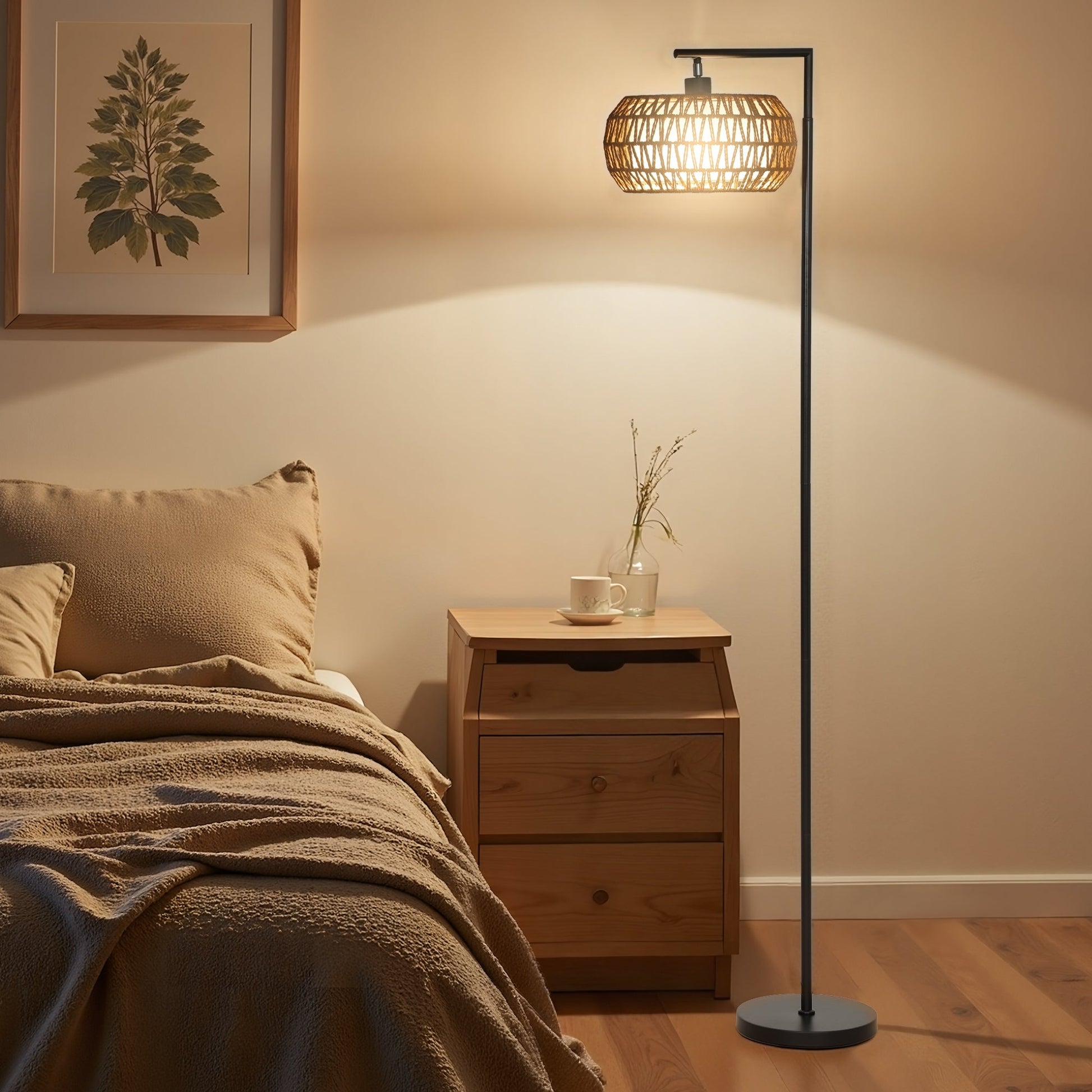 Boho Floor Lamp with Double Shade, Dimmable Standing Lamp with Remote and Foot Switch, 3 Colour Temperatures and Timer for Living Room, Bedroom, Office, Black