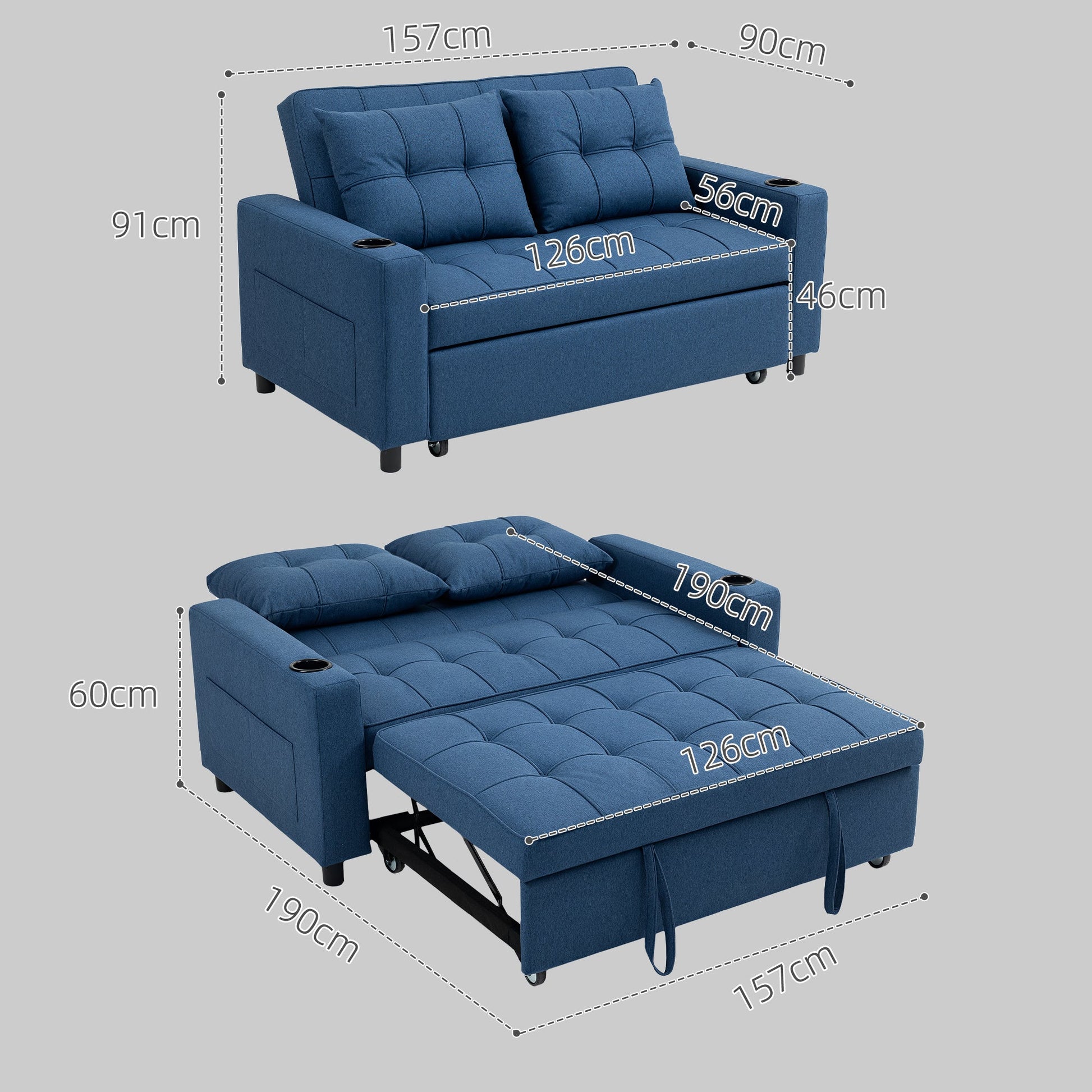 3-in-1 2 Seater Sofa Bed, Convertible Sleeper Sofa with Adjustable Backrest, Fabric Pull Out Loveseat Bed with 2 Pillows, Side Pockets and Cup Holders for Living Room, Bedroom, Dark Blue