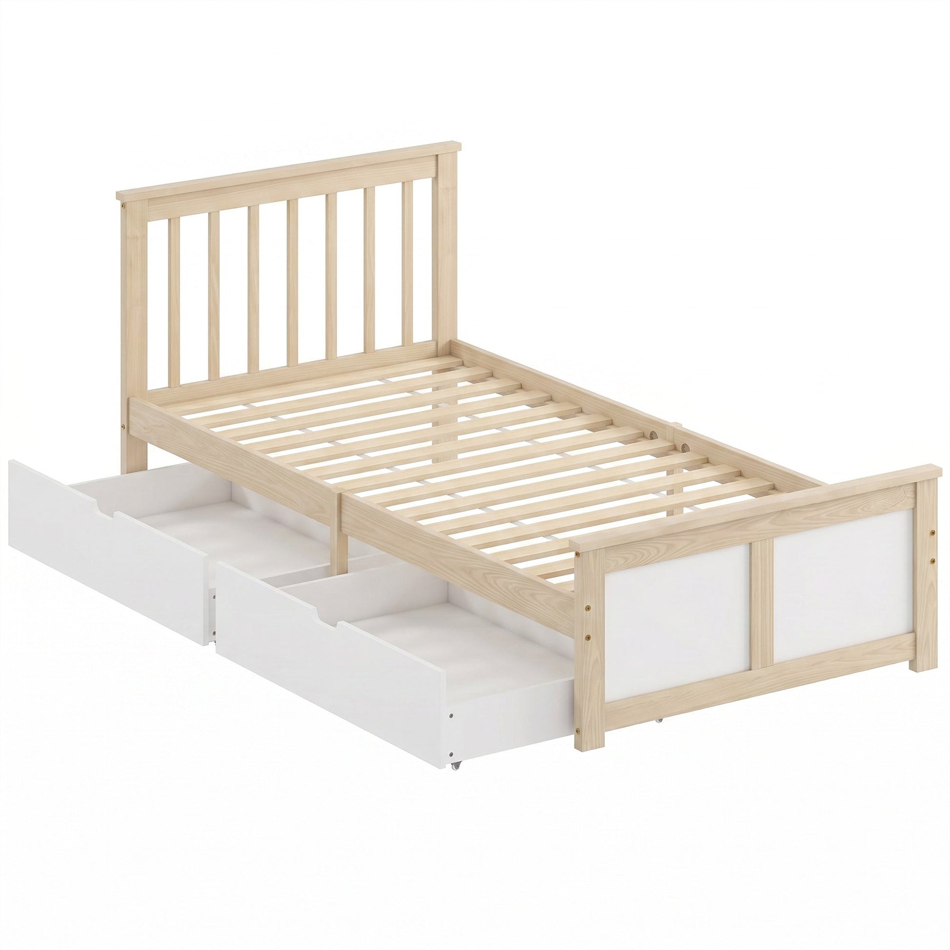 3ft Single Solid Wooden Bed Frame, Pine Storage Bed with Drawers, Headboard, Wood Slat Support, No Box Spring Needed, Easy Assembly, 90 x 190 cm, Natural Wood Finish