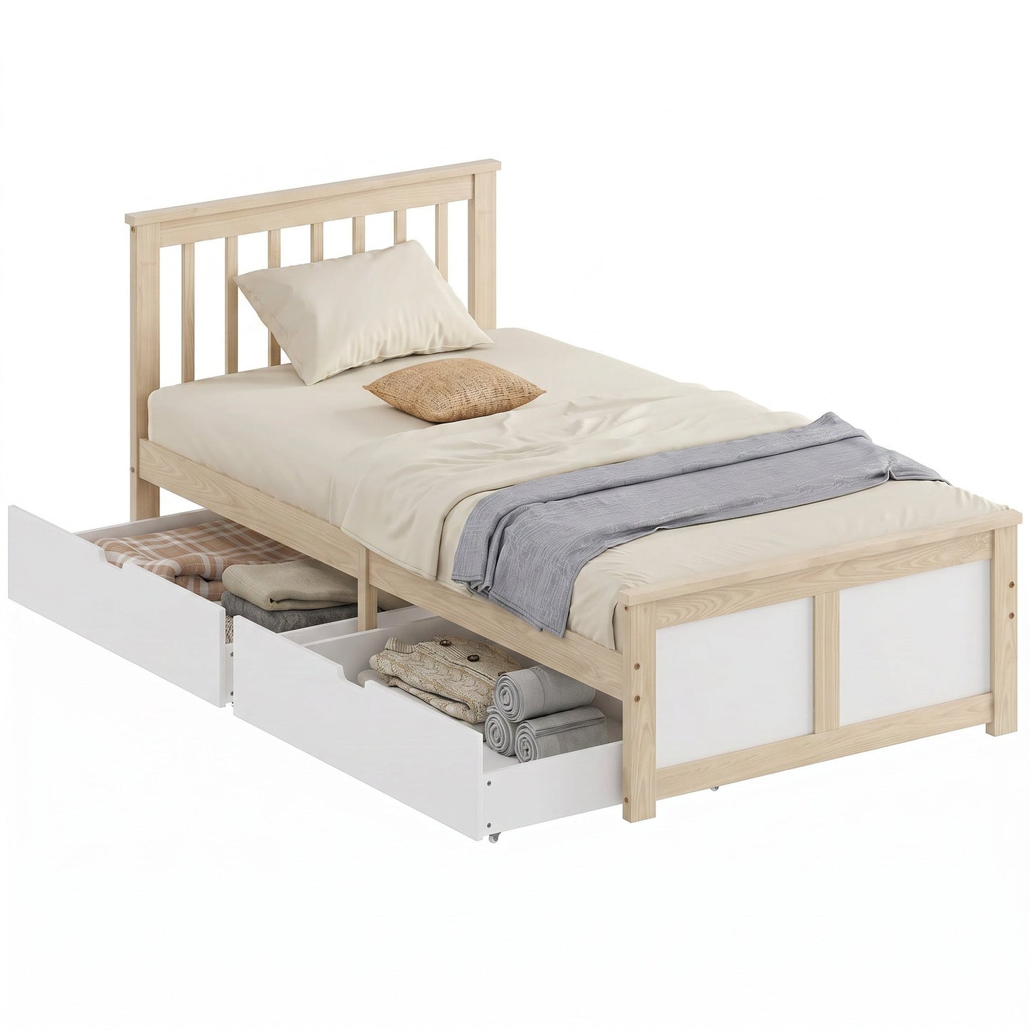 3ft Single Solid Wooden Bed Frame, Pine Storage Bed with Drawers, Headboard, Wood Slat Support, No Box Spring Needed, Easy Assembly, 90 x 190 cm, Natural Wood Finish