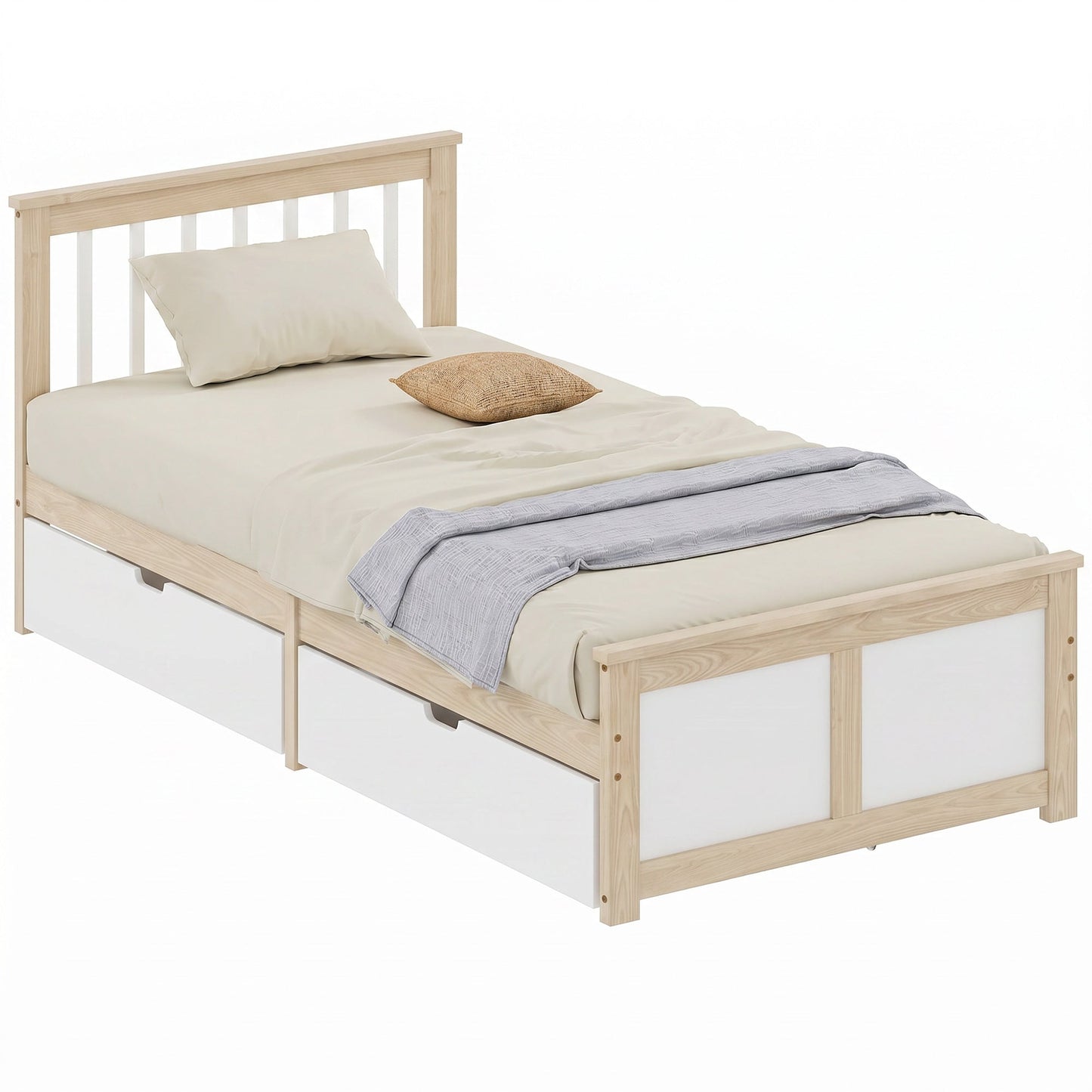 3ft Single Solid Wooden Bed Frame, Pine Storage Bed with Drawers, Headboard, Wood Slat Support, No Box Spring Needed, Easy Assembly, 90 x 190 cm, Natural Wood Finish