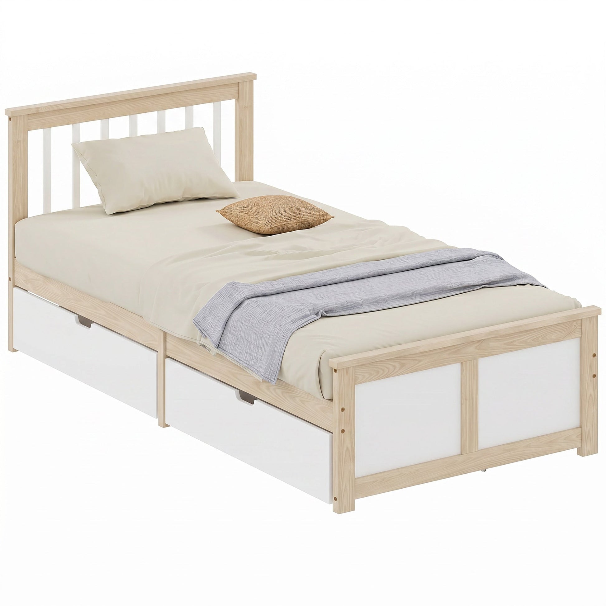3ft Single Solid Wooden Bed Frame, Pine Storage Bed with Drawers, Headboard, Wood Slat Support, No Box Spring Needed, Easy Assembly, 90 x 190 cm, Natural Wood Finish
