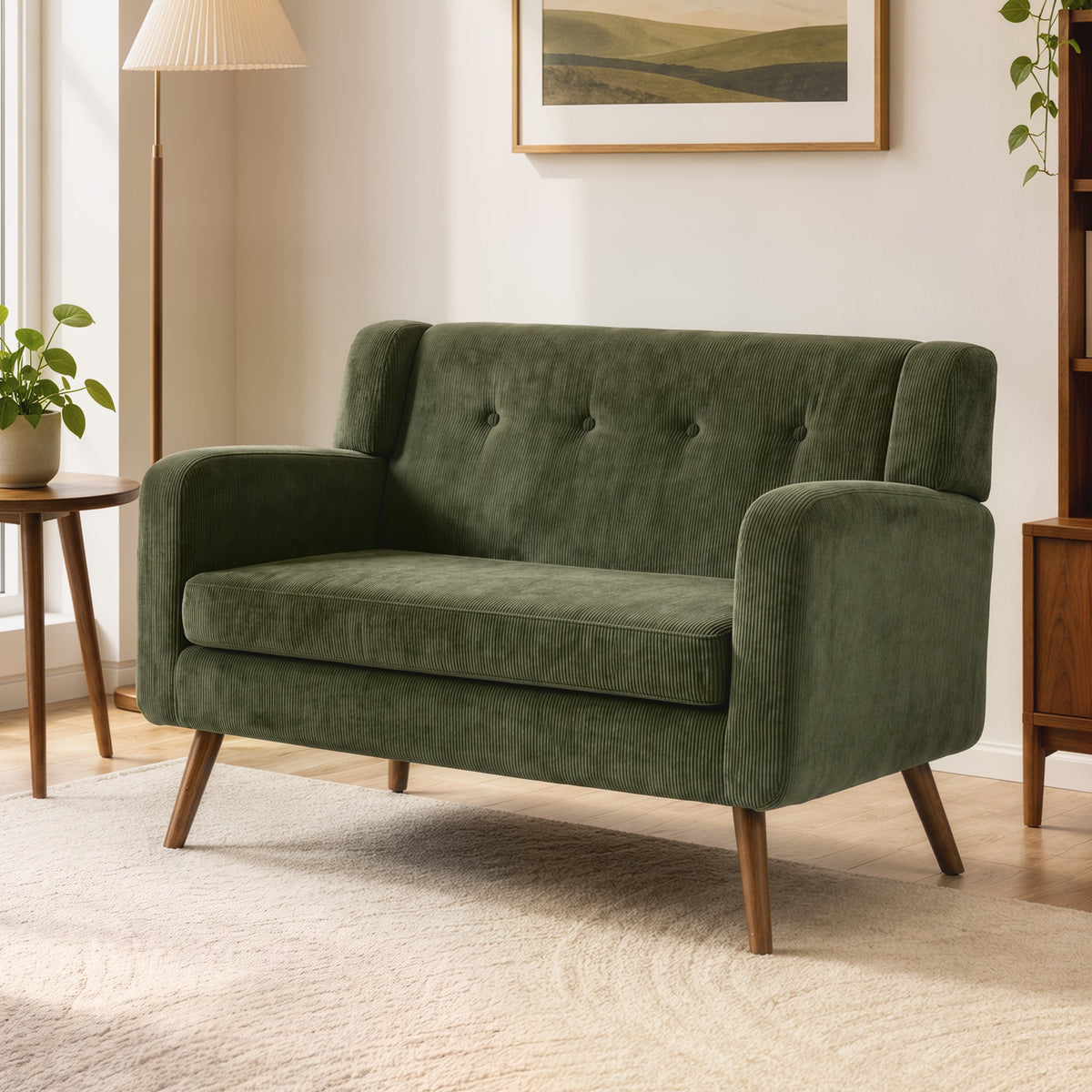 2 Seater Sofa, 118 cm Corduroy Small Sofa with Spring Cushion, Compact Tufted Loveseat Sofa Settee with Wooden Legs for Small Space, Living Room, Bedroom, Home Office, Dark Green