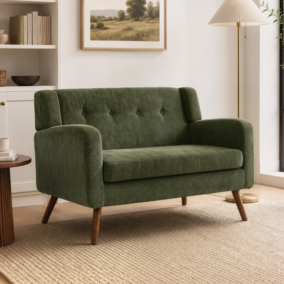2 Seater Sofa, 118 cm Corduroy Small Sofa with Spring Cushion, Compact Tufted Loveseat Sofa Settee with Wooden Legs for Small Space, Living Room, Bedroom, Home Office, Dark Green