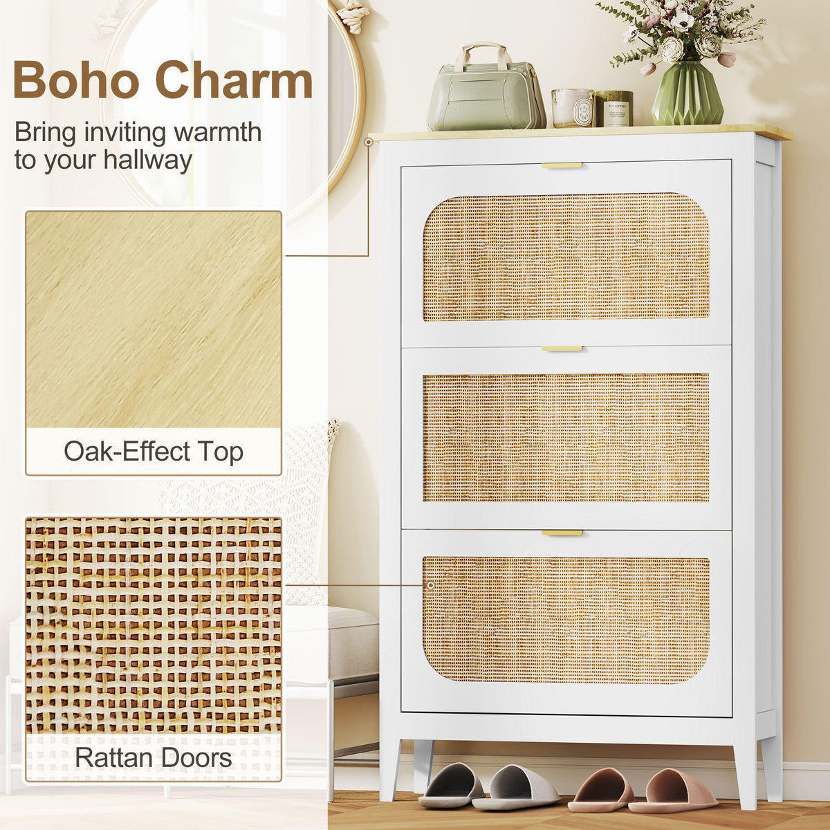 Shoe Storage Cabinet with 3 Flip Drawers, Boho Slim Shoe Cabinet with Rattan Doors for Entryway, Hallway, Holds 21 Pairs, White