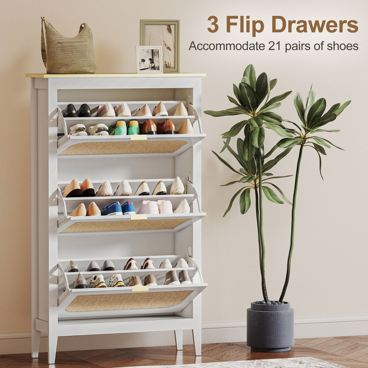 Shoe Storage Cabinet with 3 Flip Drawers, Boho Slim Shoe Cabinet with Rattan Doors for Entryway, Hallway, Holds 21 Pairs, White