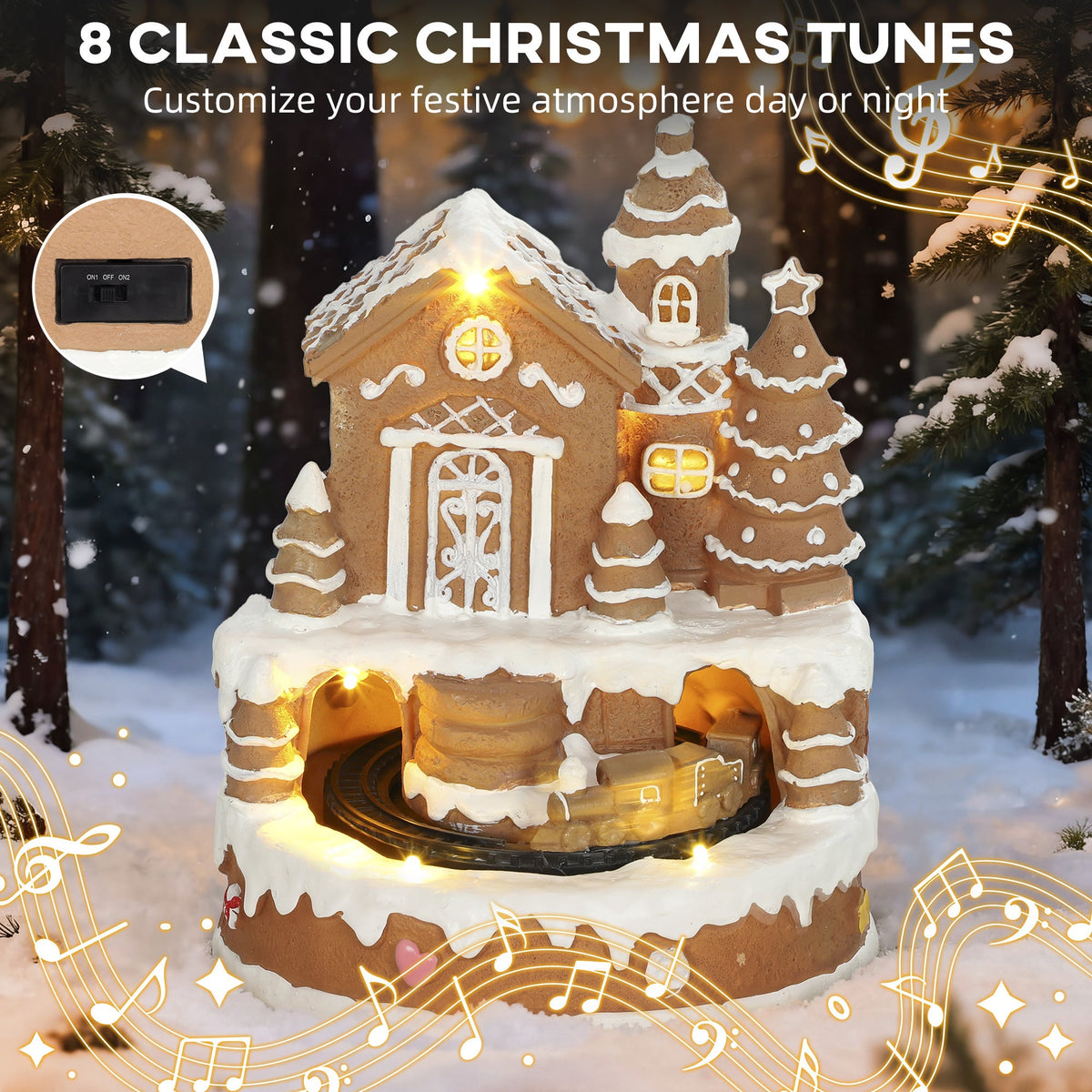Christmas Gingerbread House, Lighted Musical Snow Village, Tabletop Polyresin Decoration with Rotating Train, 7 Warm White LED Lights, 8 Classic Christmas Tunes, Battery Operated