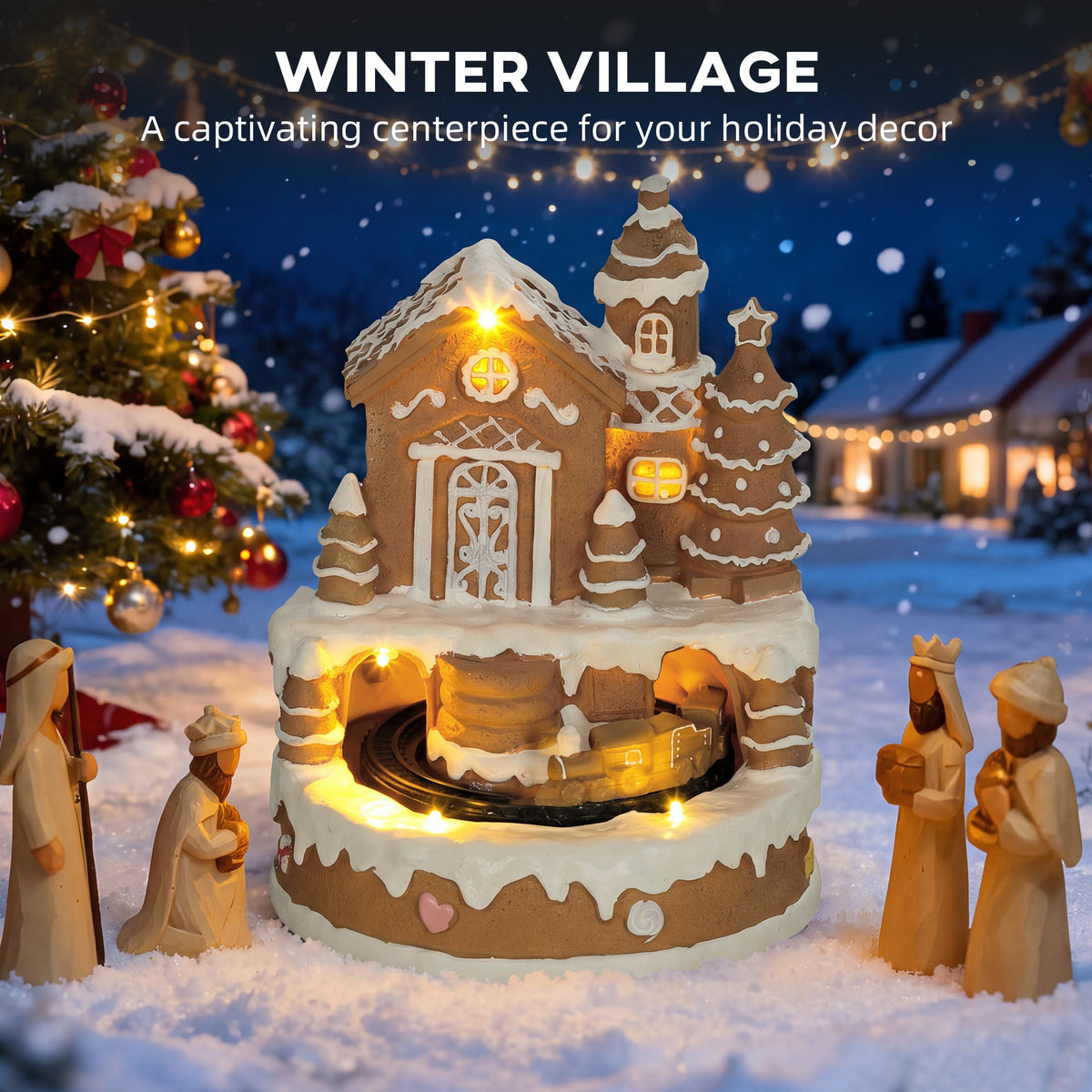 Christmas Gingerbread House, Lighted Musical Snow Village, Tabletop Polyresin Decoration with Rotating Train, 7 Warm White LED Lights, 8 Classic Christmas Tunes, Battery Operated