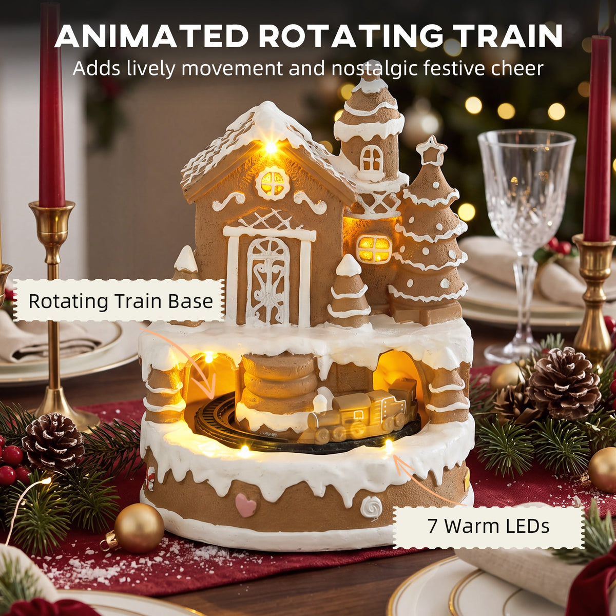 Christmas Gingerbread House, Lighted Musical Snow Village, Tabletop Polyresin Decoration with Rotating Train, 7 Warm White LED Lights, 8 Classic Christmas Tunes, Battery Operated