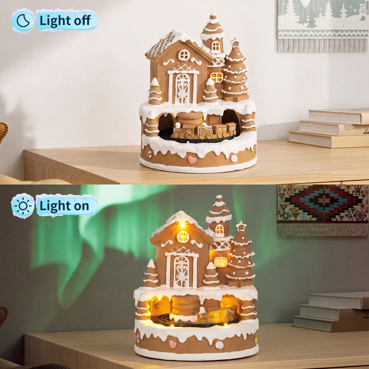Christmas Gingerbread House, Lighted Musical Snow Village, Tabletop Polyresin Decoration with Rotating Train, 7 Warm White LED Lights, 8 Classic Christmas Tunes, Battery Operated