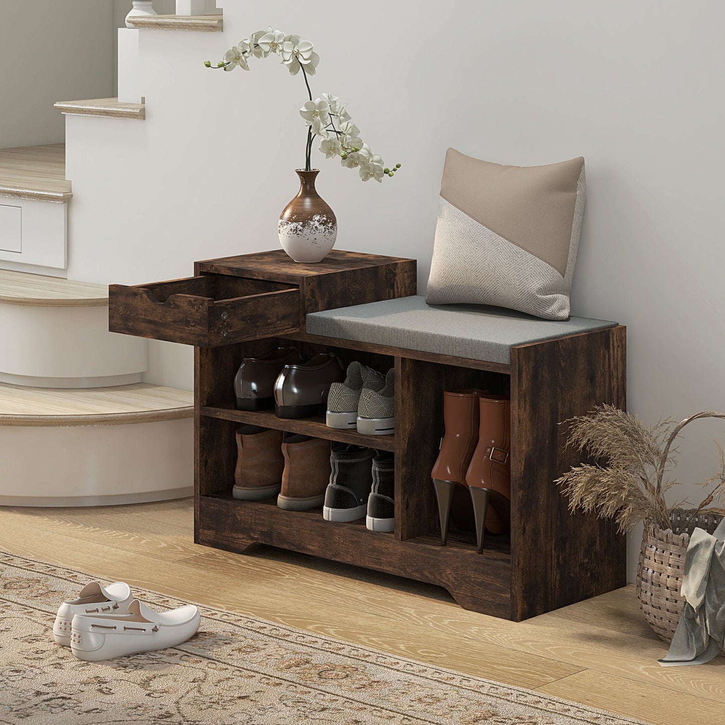 HOMCOM Shoe Storage Bench, Shoe Rack Bench with Seating Cushion, Drawer, 3 Open Compartments and Table Top for Entryway, Hallway, Rustic Brown