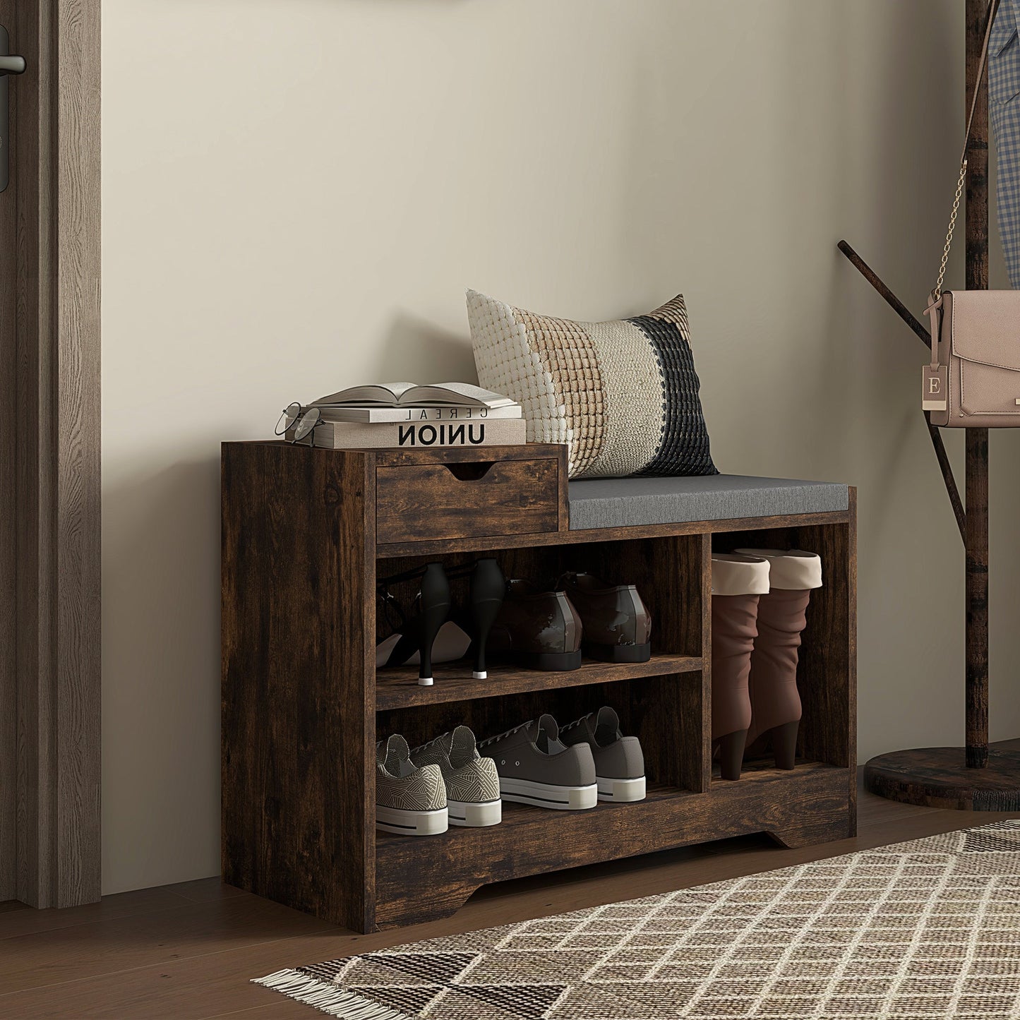 HOMCOM Shoe Storage Bench, Shoe Rack Bench with Seating Cushion, Drawer, 3 Open Compartments and Table Top for Entryway, Hallway, Rustic Brown
