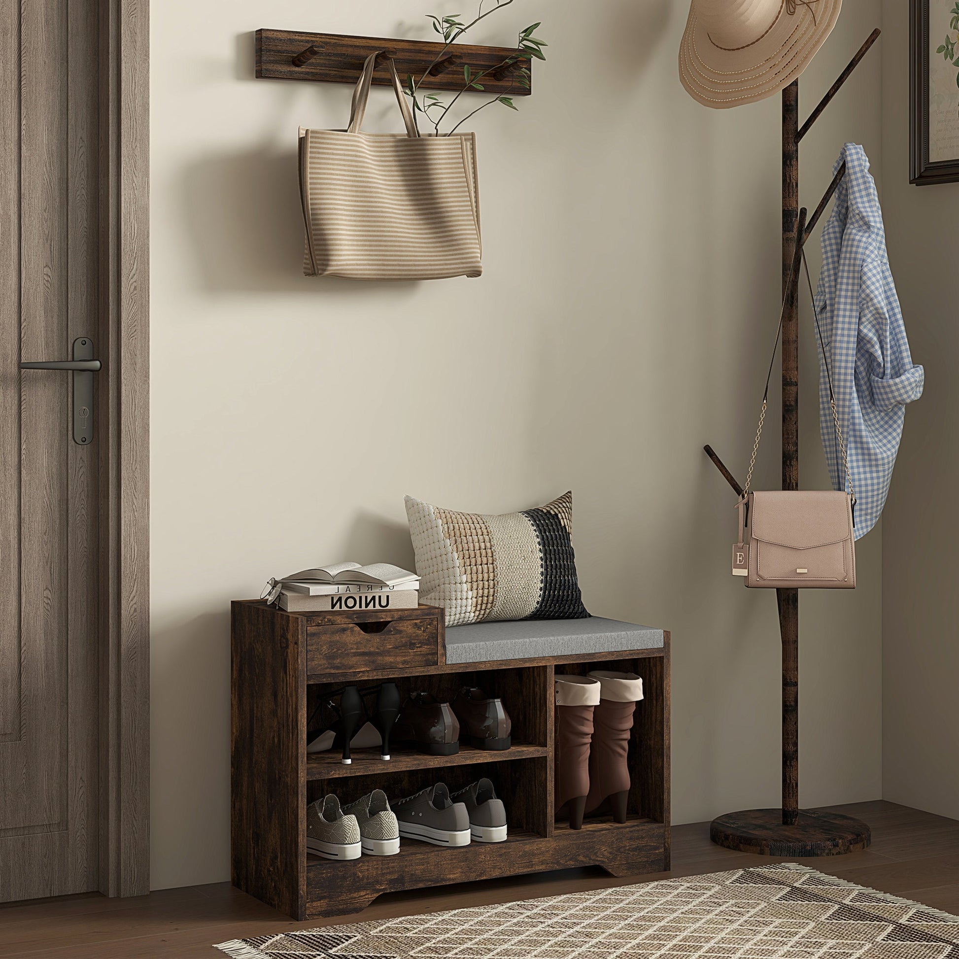 HOMCOM Shoe Storage Bench, Shoe Rack Bench with Seating Cushion, Drawer, 3 Open Compartments and Table Top for Entryway, Hallway, Rustic Brown