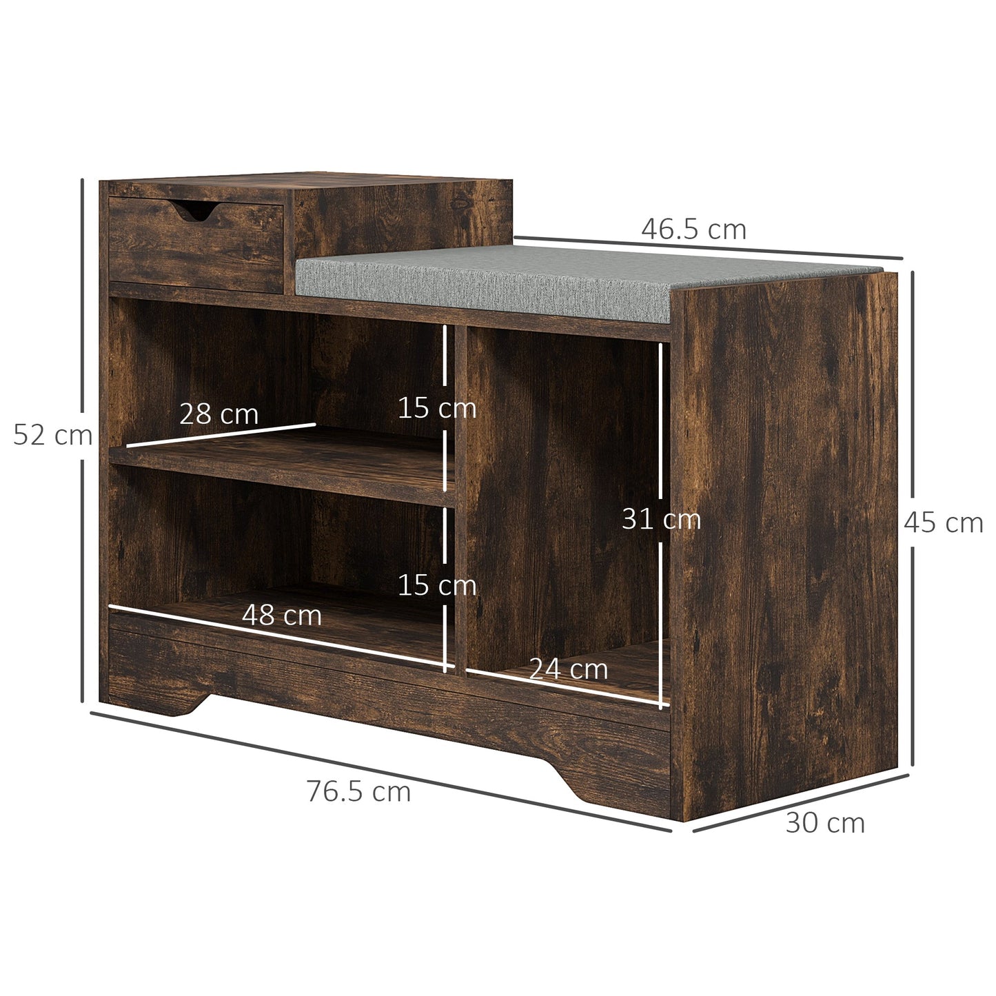 HOMCOM Shoe Storage Bench, Shoe Rack Bench with Seating Cushion, Drawer, 3 Open Compartments and Table Top for Entryway, Hallway, Rustic Brown