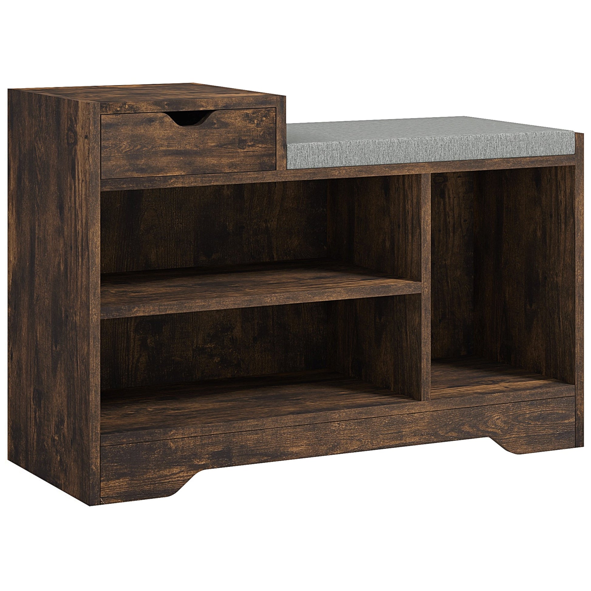 HOMCOM Shoe Storage Bench, Shoe Rack Bench with Seating Cushion, Drawer, 3 Open Compartments and Table Top for Entryway, Hallway, Rustic Brown