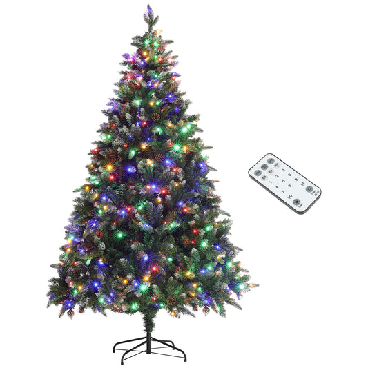 HOMCOM 7ft Prelit Artificial Christmas Tree with Dual Colour LED Light and 1466 Tips, Metal Base, Realistic Hinged Xmas Tree, Green