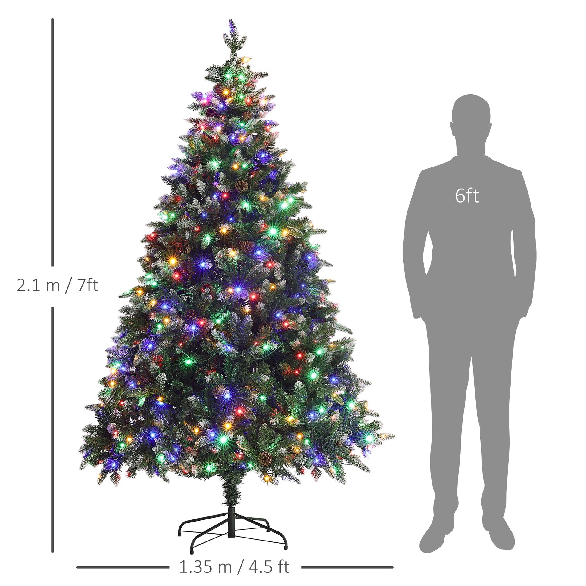 HOMCOM 7ft Prelit Artificial Christmas Tree with Dual Colour LED Light and 1466 Tips, Metal Base, Realistic Hinged Xmas Tree, Green