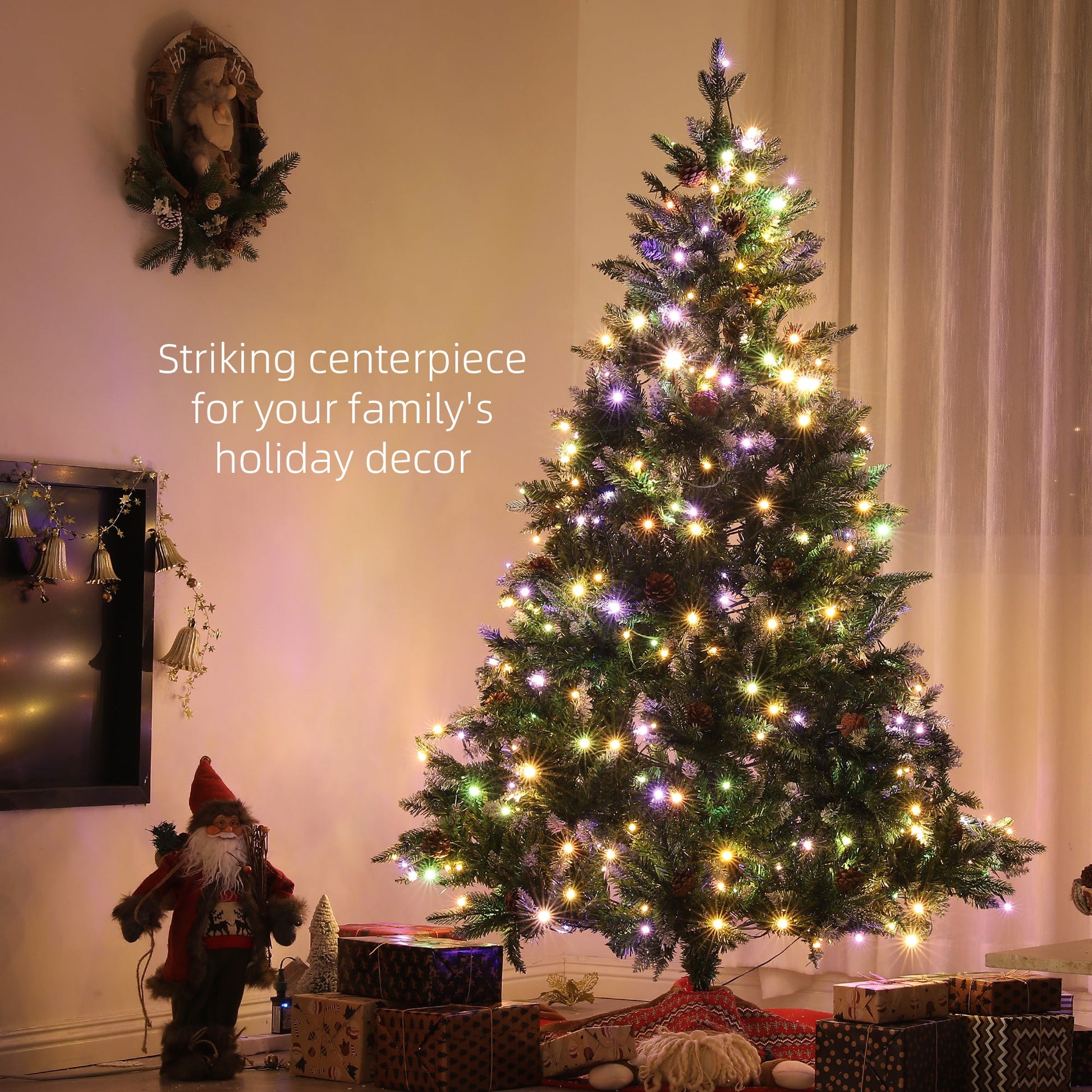 HOMCOM 7ft Prelit Artificial Christmas Tree with Dual Colour LED Light and 1466 Tips, Metal Base, Realistic Hinged Xmas Tree, Green