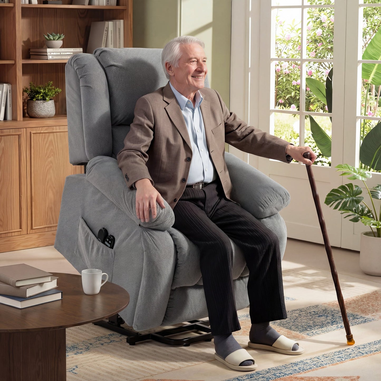 Recliner Armchair Lift Chair with Vibration Massage and Heat, Velvet-feel Fabric Electric Riser Recliner Chair for Elderly with Wide Seat, USB Port, Side Pockets for Living Room, Light Grey