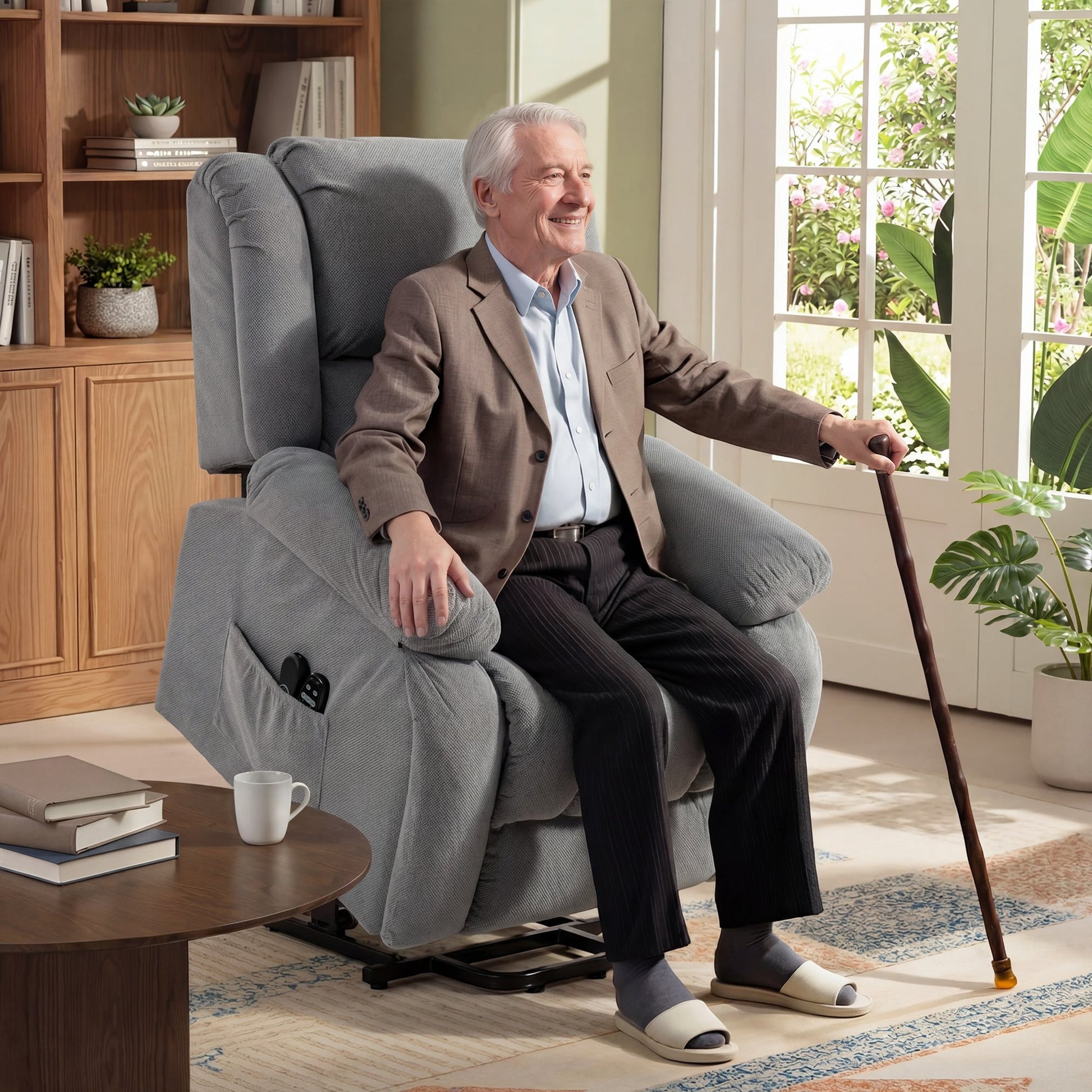 Recliner Armchair Lift Chair with Vibration Massage and Heat, Velvet-feel Fabric Electric Riser Recliner Chair for Elderly with Wide Seat, USB Port, Side Pockets for Living Room, Light Grey