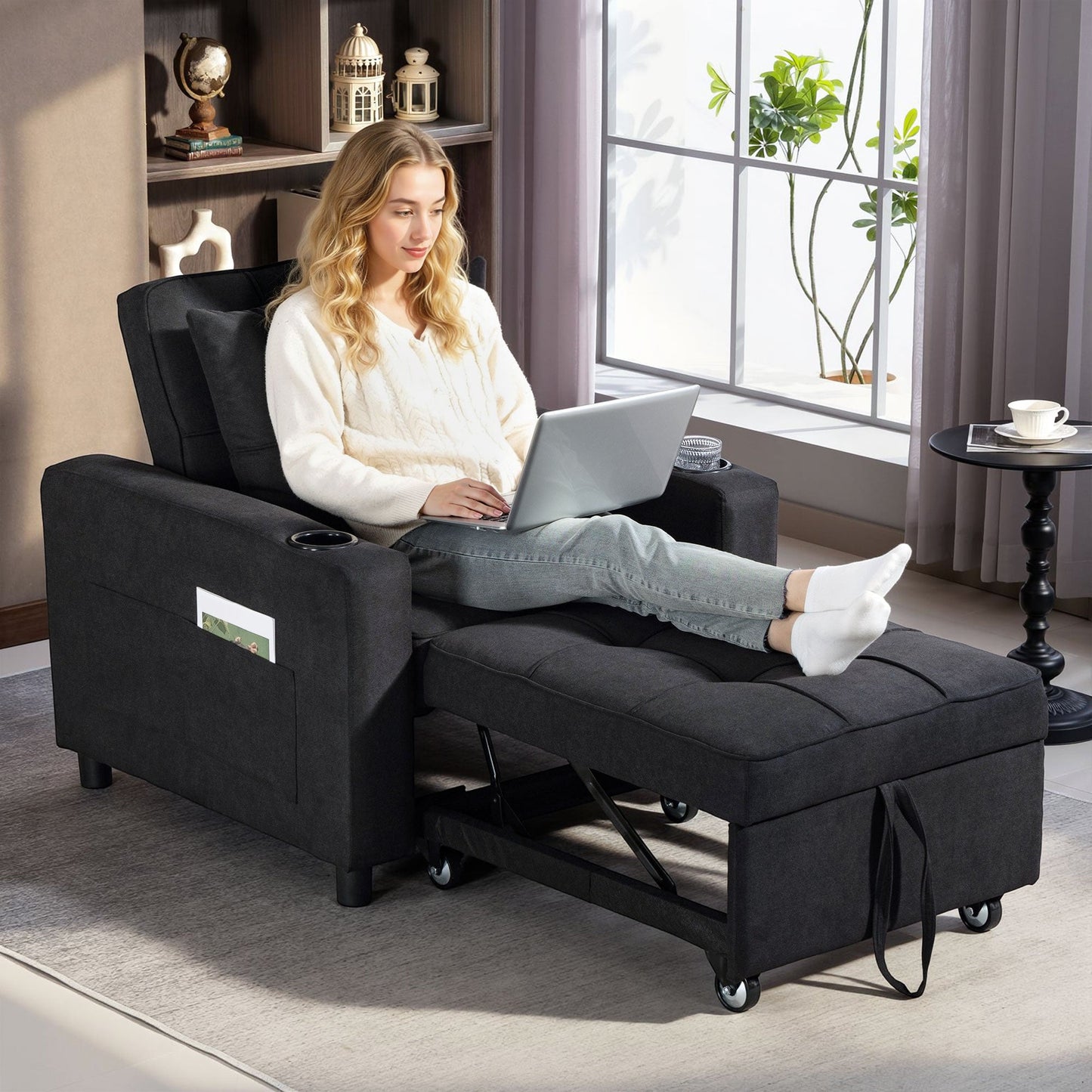 3-in-1 Single Sofa Bed, Convertible Sleeper Chair Bed with Adjustable Backrest, Fabric Pull Out Chair with Pillow, Side Pockets and Cup Holders for Living Room, Bedroom, Small Space, Black