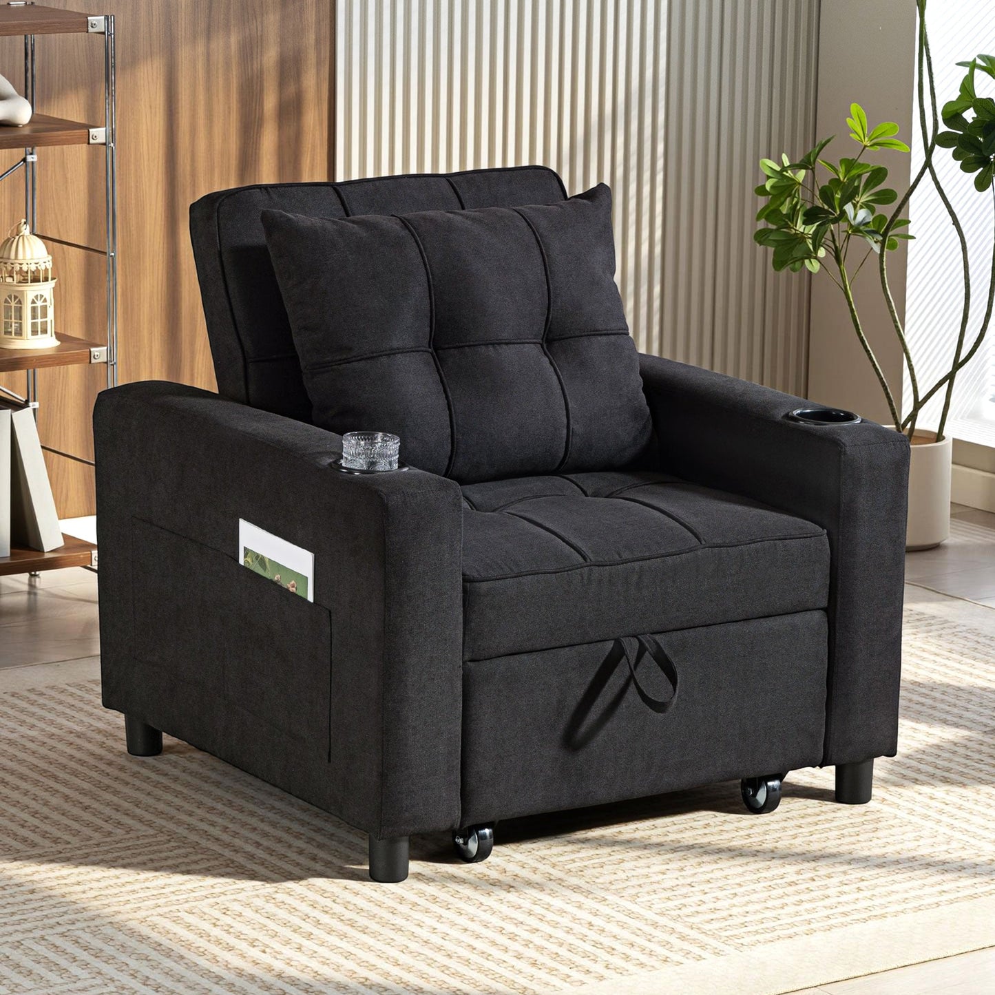 3-in-1 Single Sofa Bed, Convertible Sleeper Chair Bed with Adjustable Backrest, Fabric Pull Out Chair with Pillow, Side Pockets and Cup Holders for Living Room, Bedroom, Small Space, Black