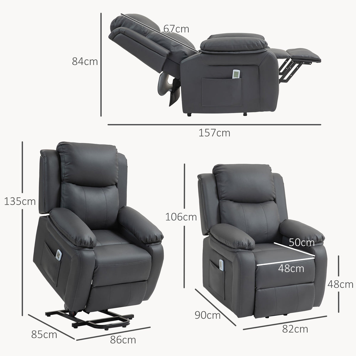 Riser and Recliner Chair with Vibration Massage, PU Leather Power Lift Chair for Elderly with Thick and High Back, Headrest, Removable Armrests, Side Pockets, Electric Lift Armchair, Dark Grey