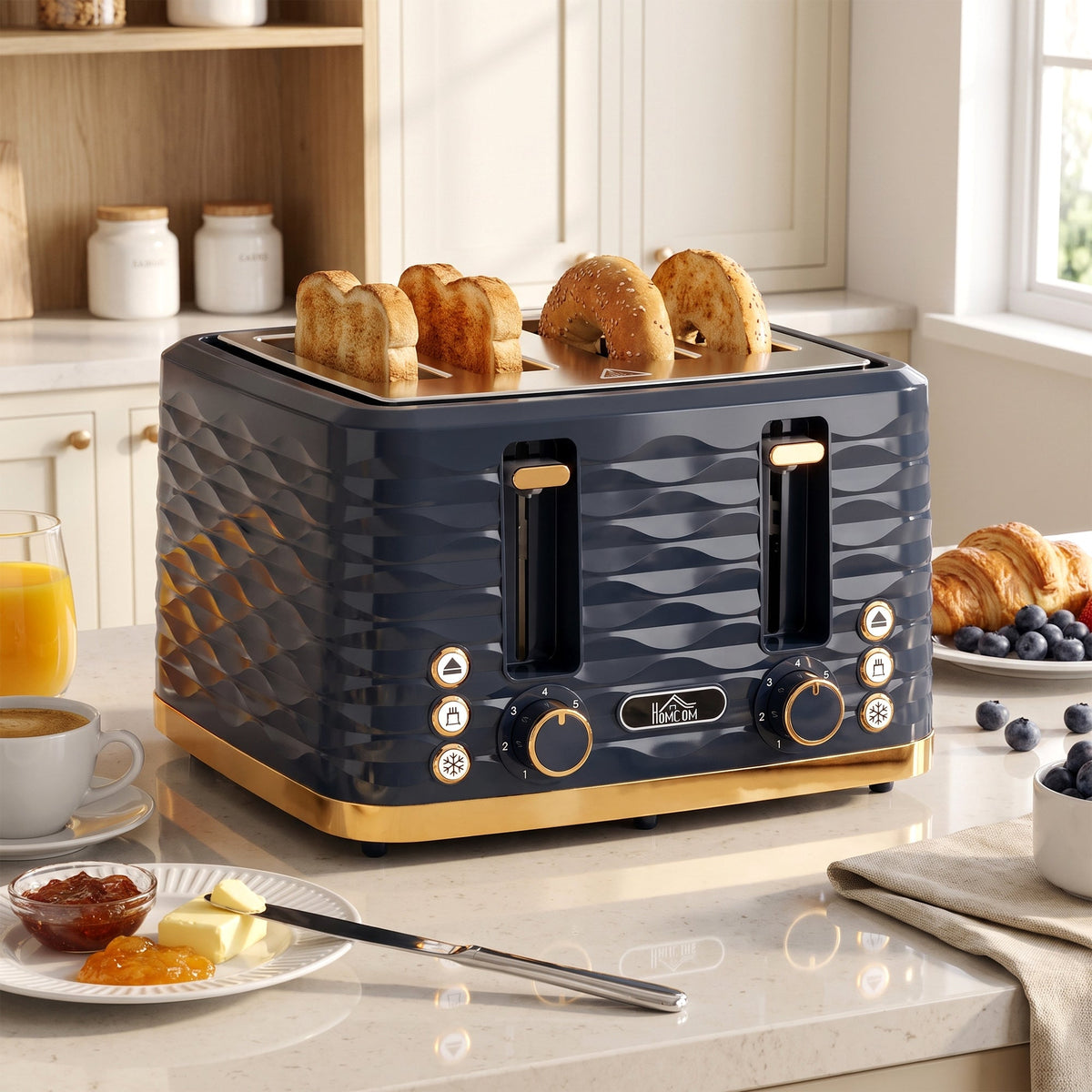 4 Slice Toaster with 7 Browning Levels, High Lift, Reheat/Defrost/Cancel, Self-centring Function, Removable Crumb Tray, Water Ripple Texture, Dark Blue