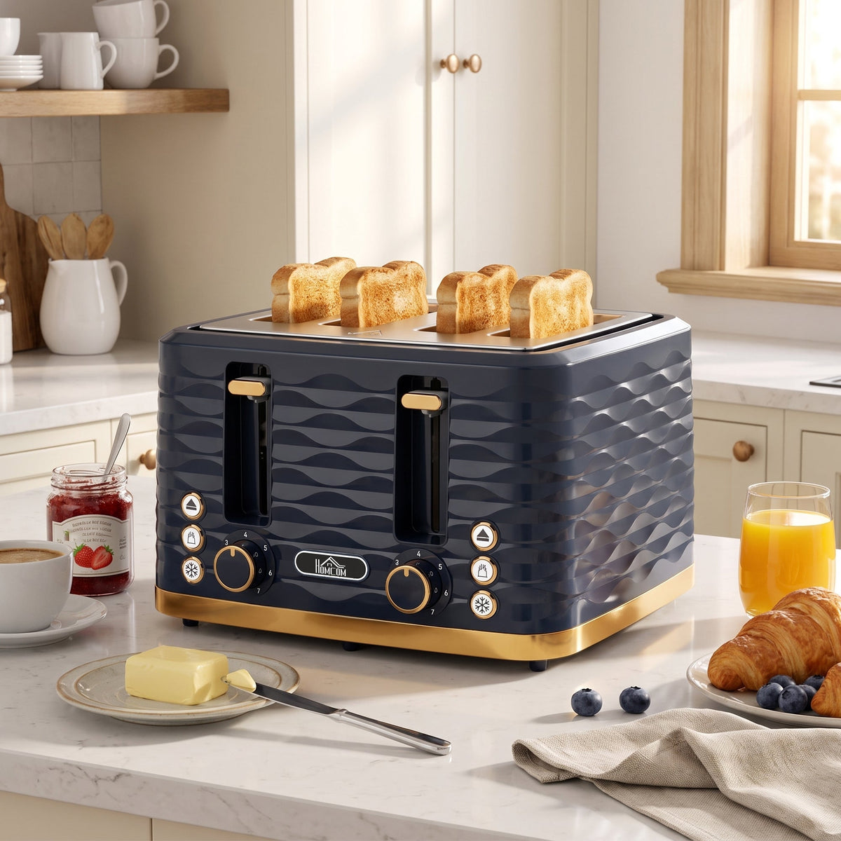 4 Slice Toaster with 7 Browning Levels, High Lift, Reheat/Defrost/Cancel, Self-centring Function, Removable Crumb Tray, Water Ripple Texture, Dark Blue