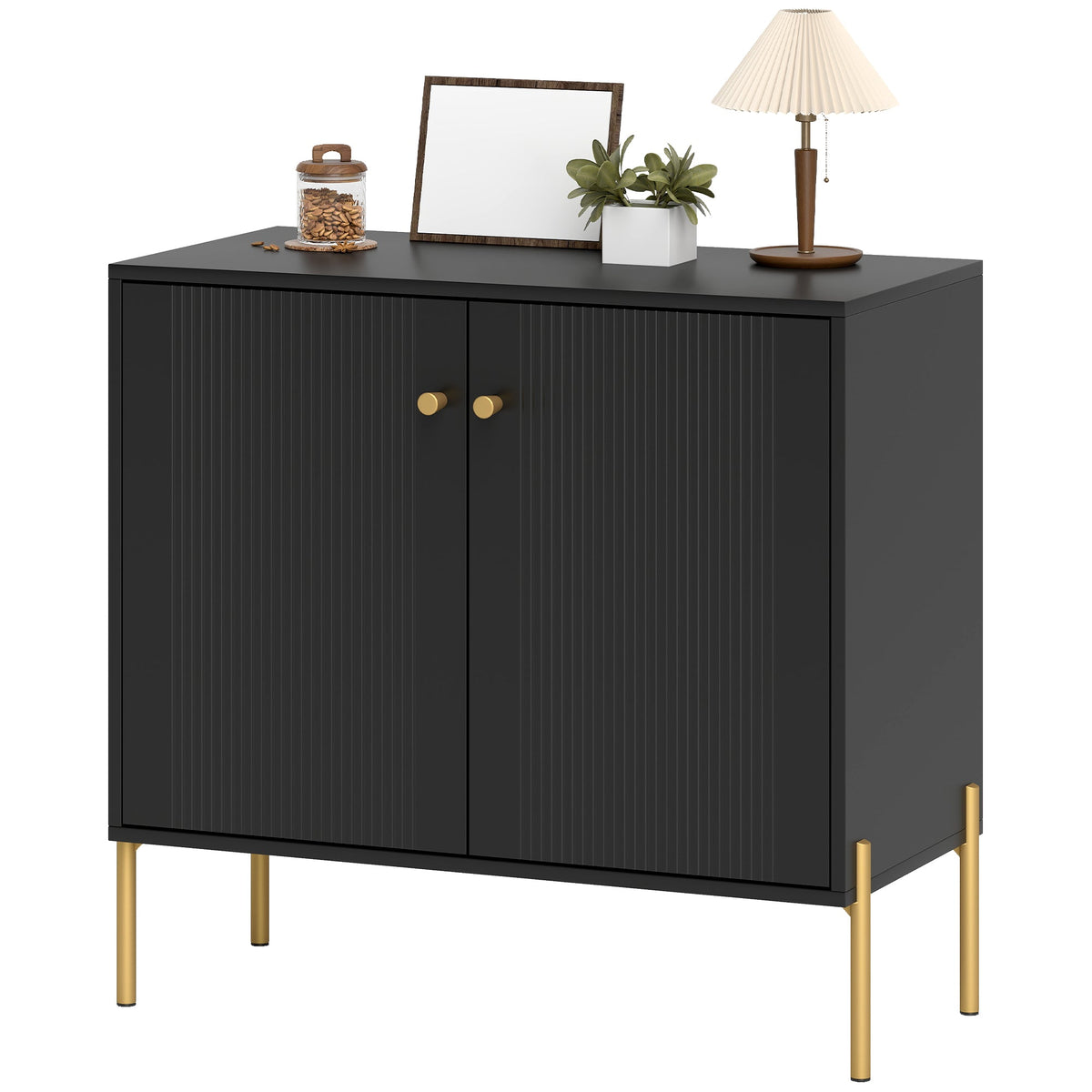 Modern Sideboard Buffet Cabinet with Fluted Doors, Coffee Bar Cabinet with Adjustable Shelf and Steel Legs for Kitchen, Dining Room, Living Room, Black
