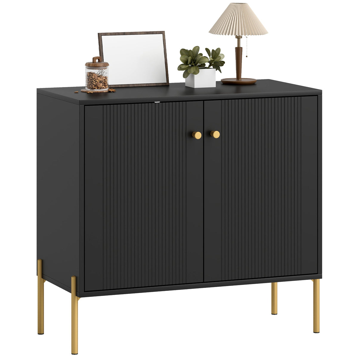 Modern Sideboard Buffet Cabinet with Fluted Doors, Coffee Bar Cabinet with Adjustable Shelf and Steel Legs for Kitchen, Dining Room, Living Room, Black