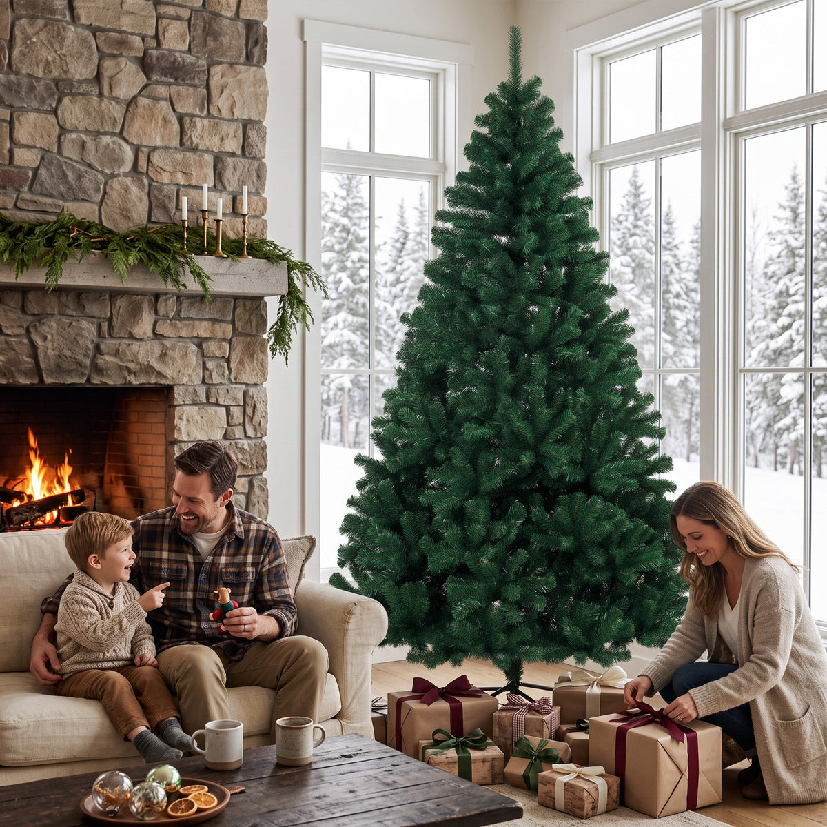 7ft/210cm Artificial Christmas Tree, Fir Hinged Xmas Tree with 1100 Branch Tips, Foldable Steel Stand, Easy Assembly for Home Office Holiday Decoration, Green