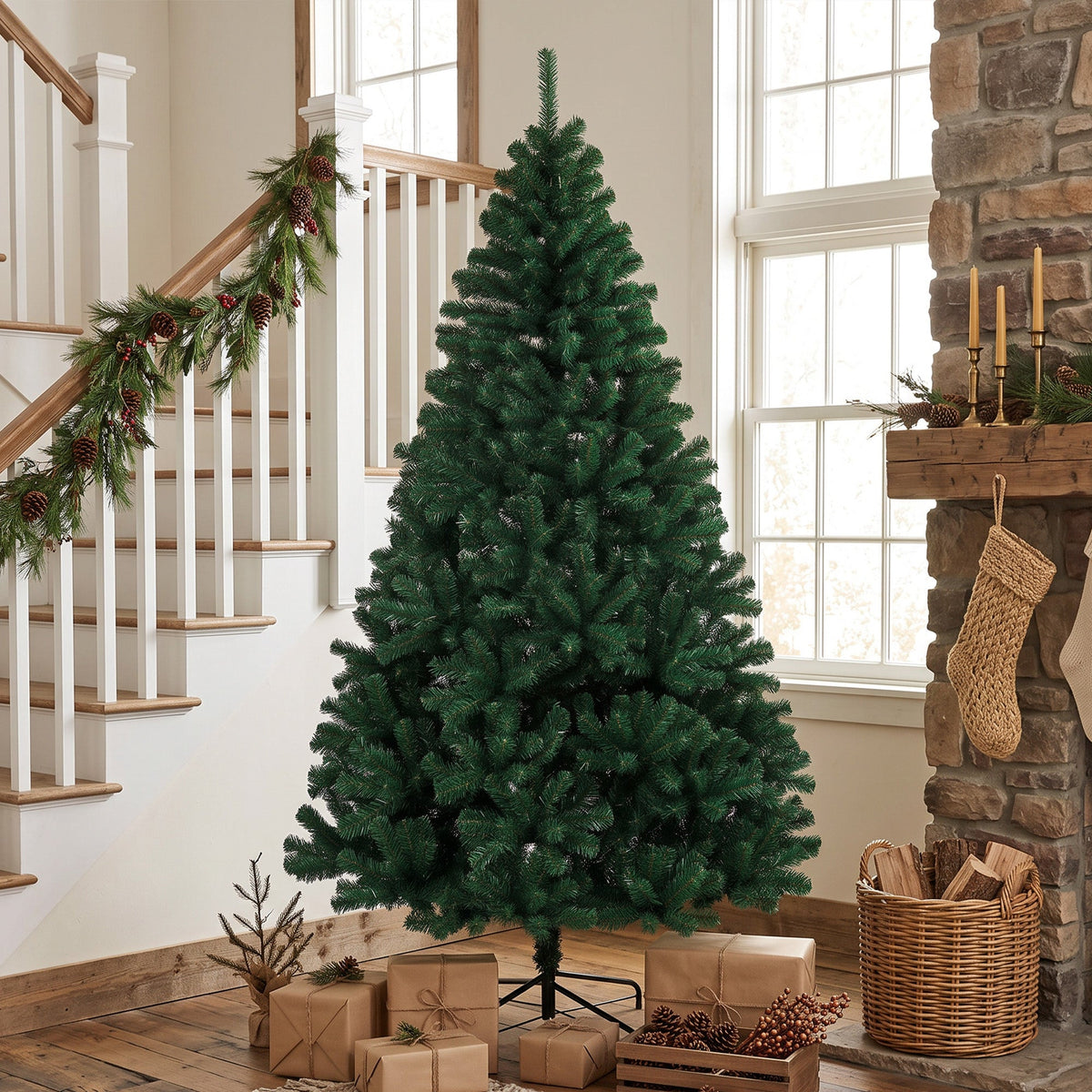 7ft/210cm Artificial Christmas Tree, Fir Hinged Xmas Tree with 1100 Branch Tips, Foldable Steel Stand, Easy Assembly for Home Office Holiday Decoration, Green