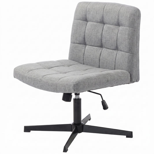 Armless Office Chair, Cross Legged Linen Computer Desk Vanity Chair with Wide Seat, Rocking Function, Swivel, Adjustable Height for Home Office, Study, Bedroom, Makeup, Grey