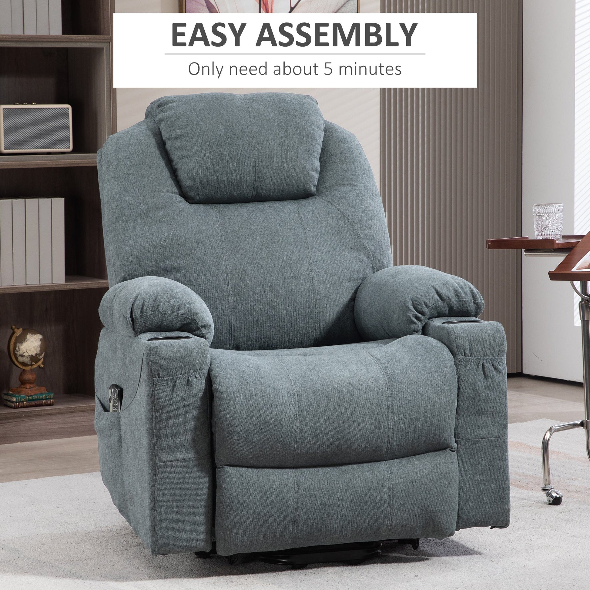HOMCOM Riser and Recliner Chair for the Elderly, Quick Assembly, Fabric Overstuffed Lift Chair with Vibration Massage and Heat, Remote Control, Side Pockets, Cup Holders, Pocket Spring, Charcoal Grey