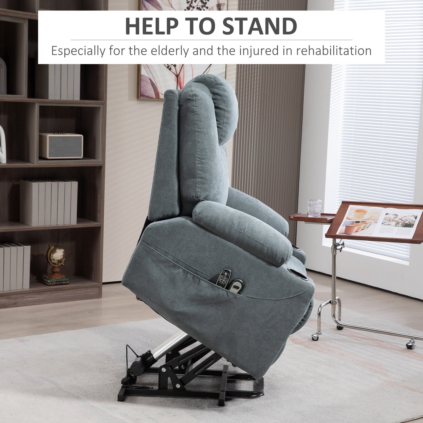 HOMCOM Riser and Recliner Chair for the Elderly, Quick Assembly, Fabric Overstuffed Lift Chair with Vibration Massage and Heat, Remote Control, Side Pockets, Cup Holders, Pocket Spring, Charcoal Grey
