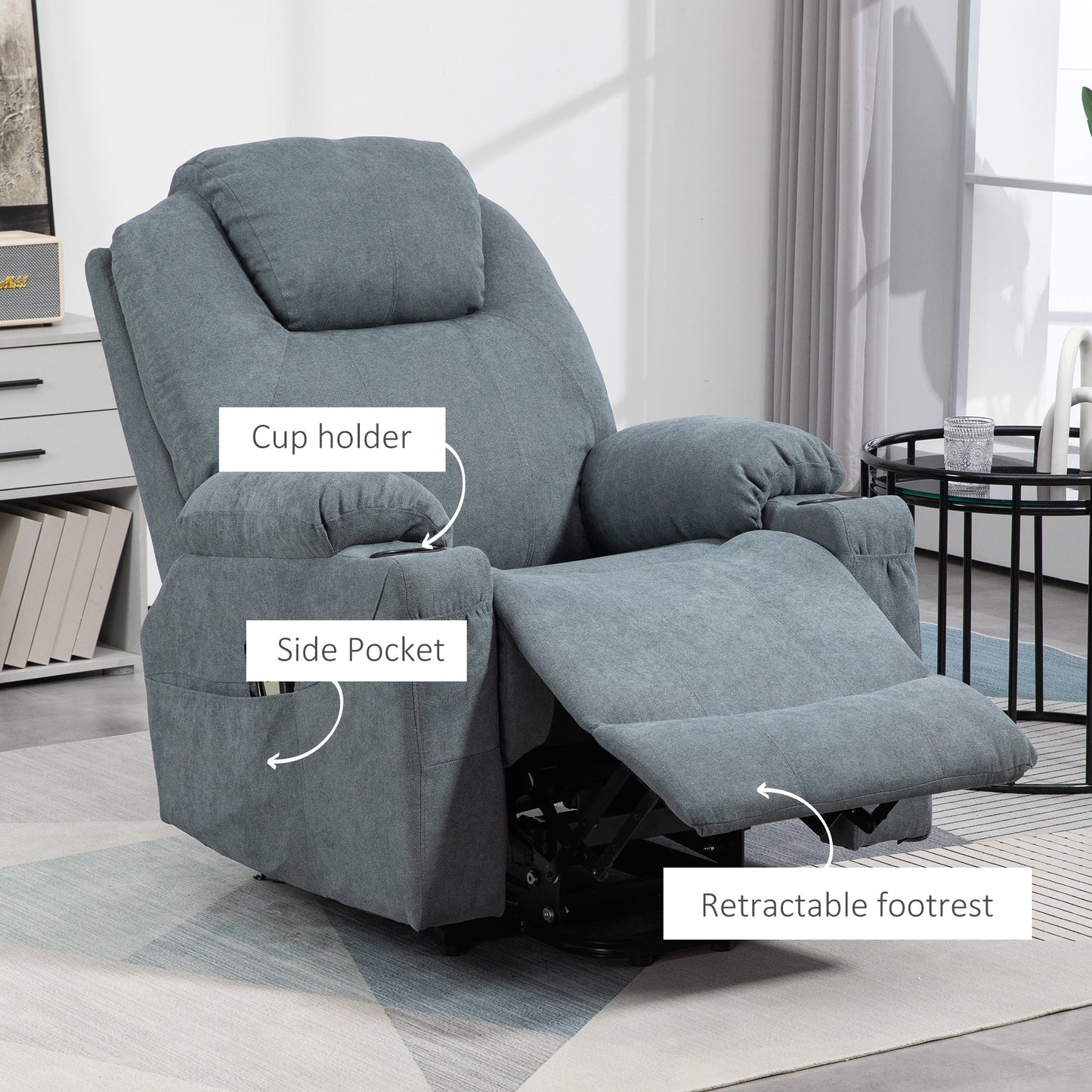 HOMCOM Riser and Recliner Chair for the Elderly, Quick Assembly, Fabric Overstuffed Lift Chair with Vibration Massage and Heat, Remote Control, Side Pockets, Cup Holders, Pocket Spring, Charcoal Grey