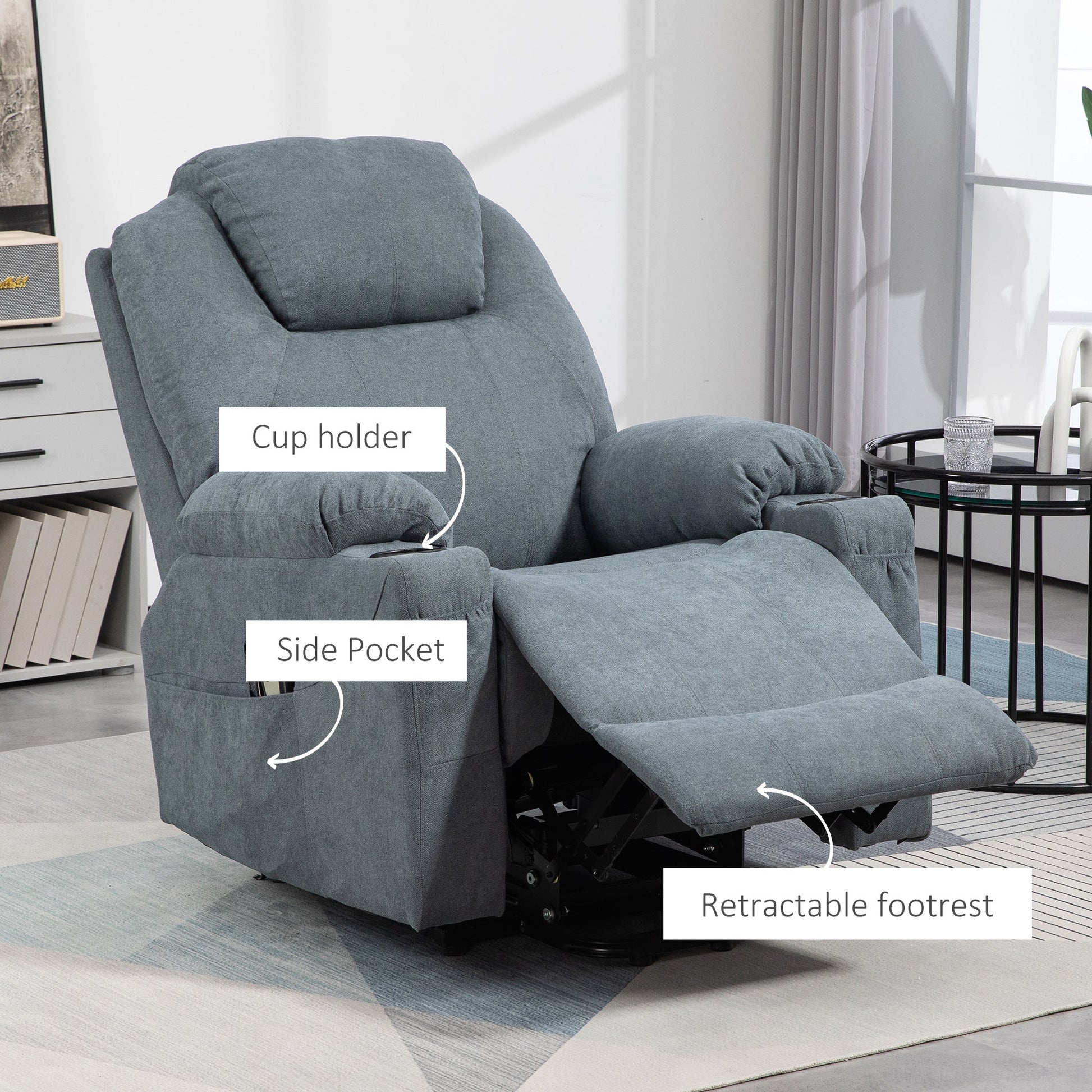 HOMCOM Riser and Recliner Chair for the Elderly, Quick Assembly, Fabric Overstuffed Lift Chair with Vibration Massage and Heat, Remote Control, Side Pockets, Cup Holders, Pocket Spring, Charcoal Grey