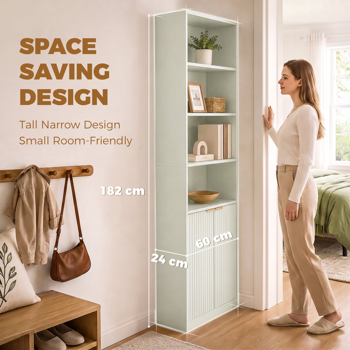 Slim Bookcase, 6-Tier Tall Bookshelf, Freestanding Shelving Unit with Cabinet, Adjustable Shelf, 60 x 24 x 182 cm for Living Room, Study, Home Office, Light Green